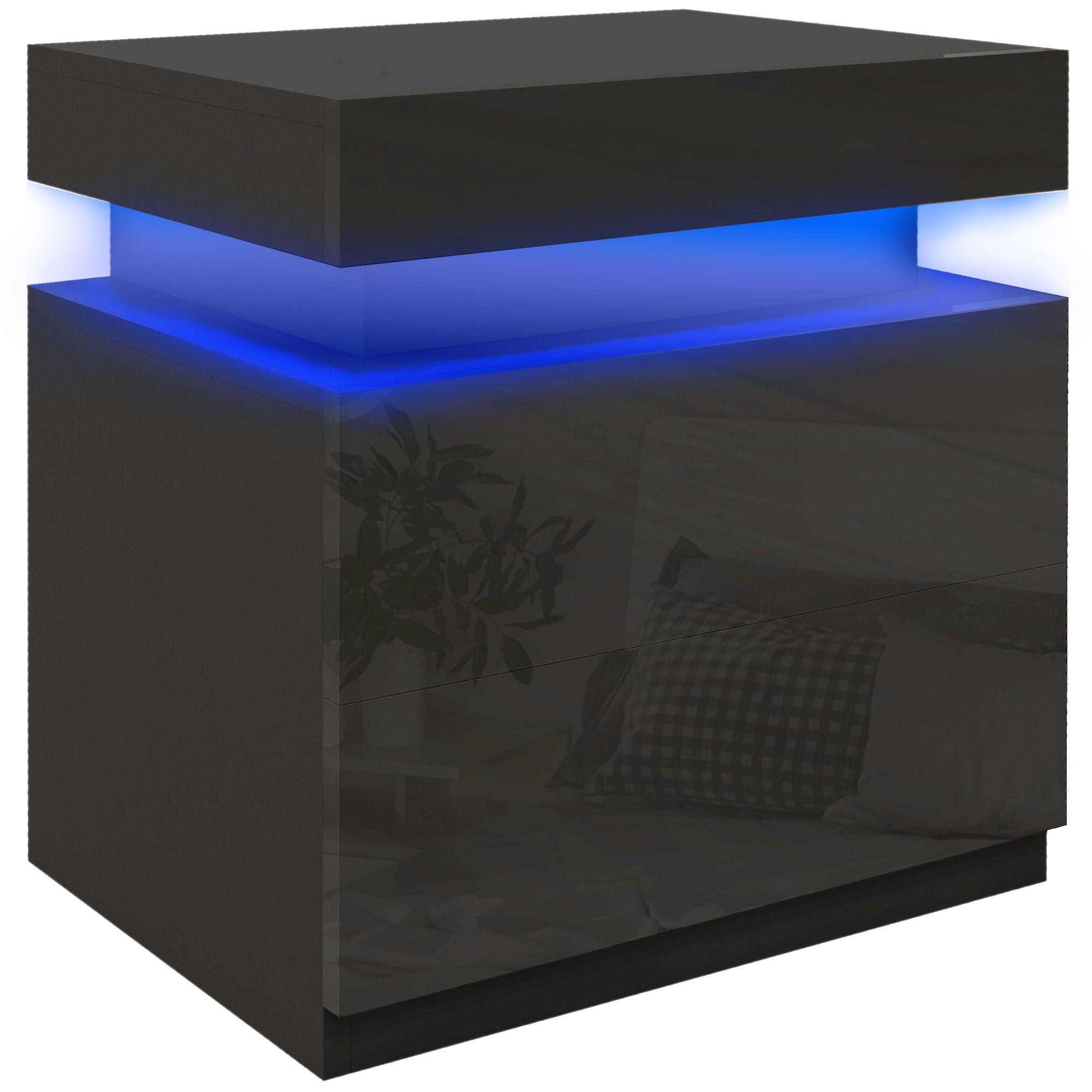 HOMCOM Black Bedside Table with LED Light, High Gloss Front Nightstand with 2 Drawers, for Living Room, Bedroom - North Peak Garden Furniture