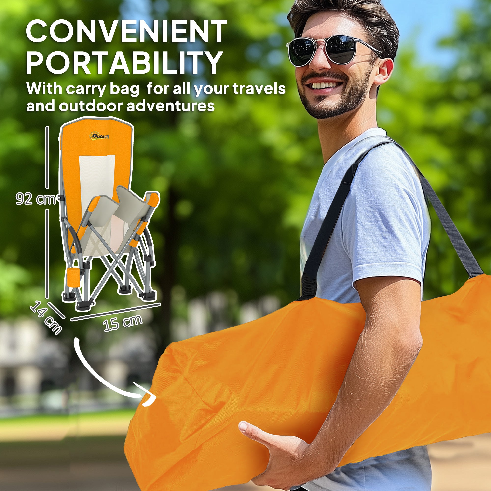 Outsunny Set of 2 Folding Beach Chair, Low Camping Chair with Mesh Back, Carry Bag and Cup Holder for Garden Outdoor Picnic Festival Travel, Orange - North Peak Garden Furniture