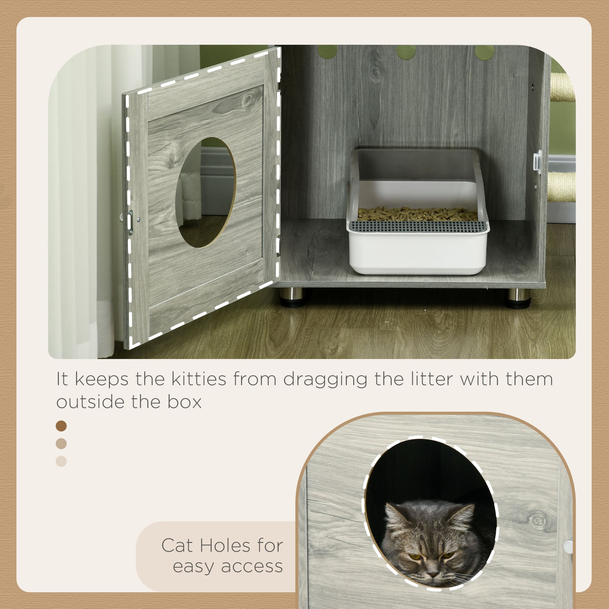 PawHut Enclosed Cat Litter Box with Cat House, Cat Bed, Scratching Posts, Platforms, for Indoor Cats - Grey - North Peak Garden Furniture
