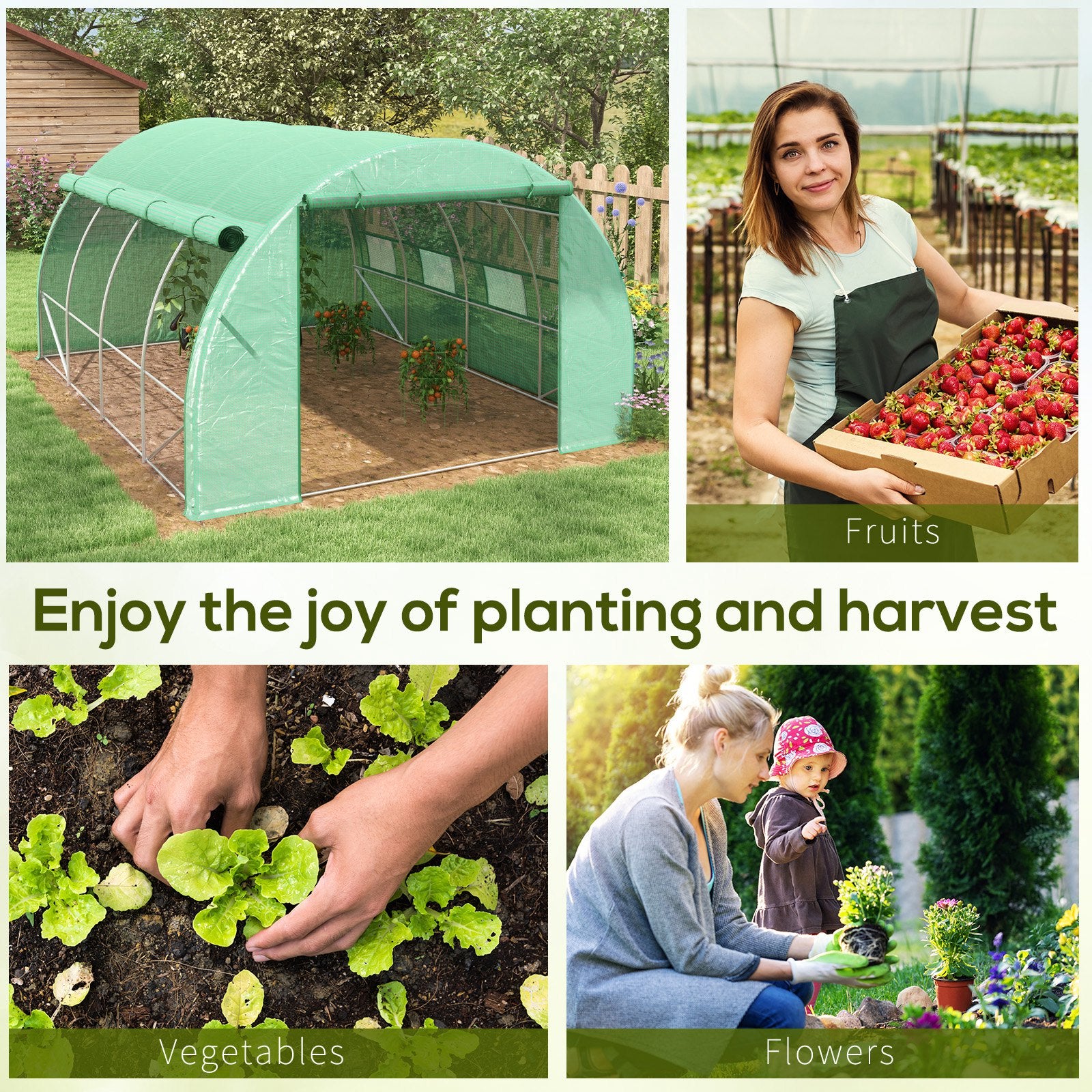 Outsunny Polytunnel Greenhouse Walk-in Grow House Tent with Roll-up Sidewalls, Zipped Door and 8 Windows, 4x3x2m Green - North Peak Garden Furniture