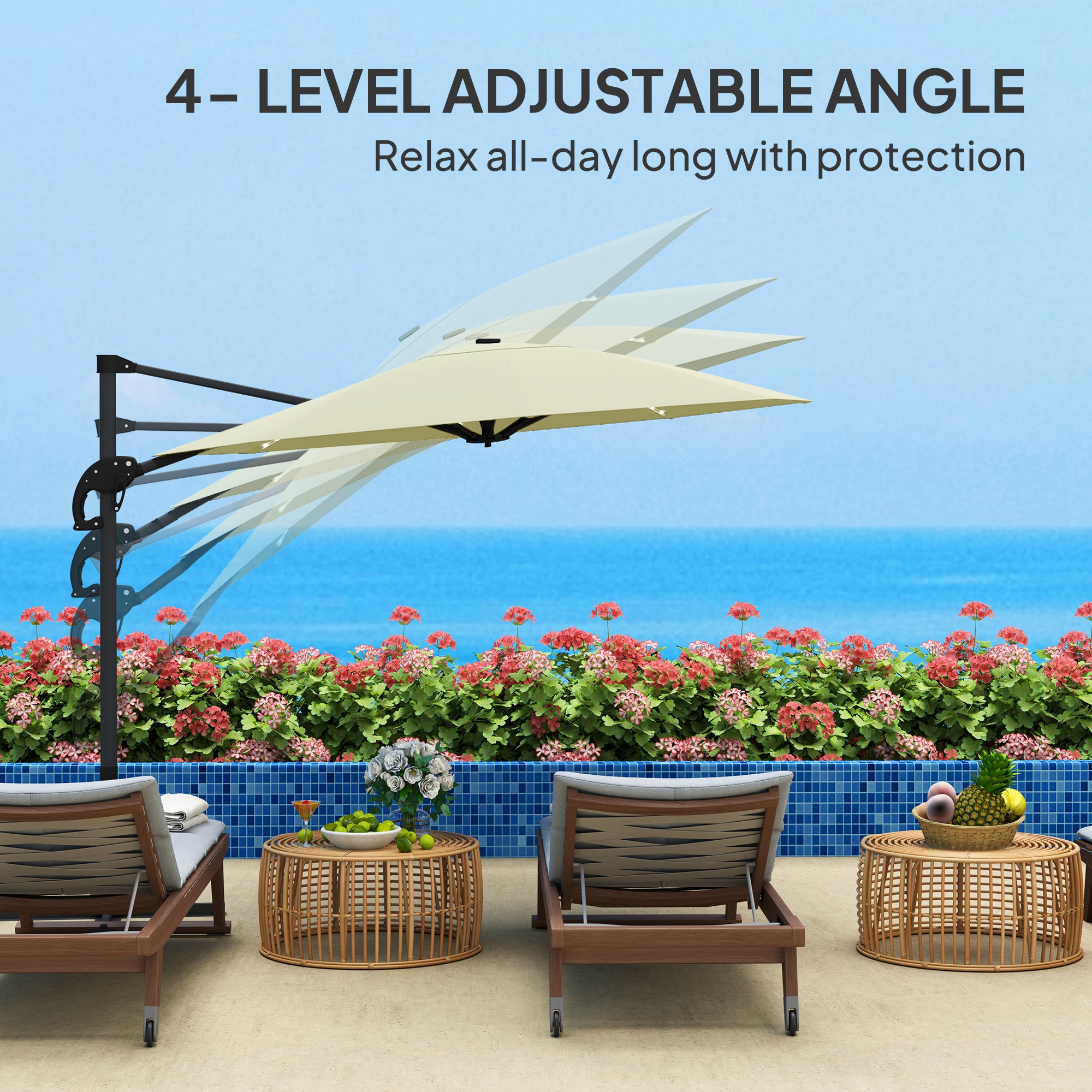 Outsunny 3(m) Cantilever Garden Parasol with Solar Powered Lights, Crank Handle & Cross Base, UPF 50+, 360° Rotation, Cream - North Peak Garden Furniture