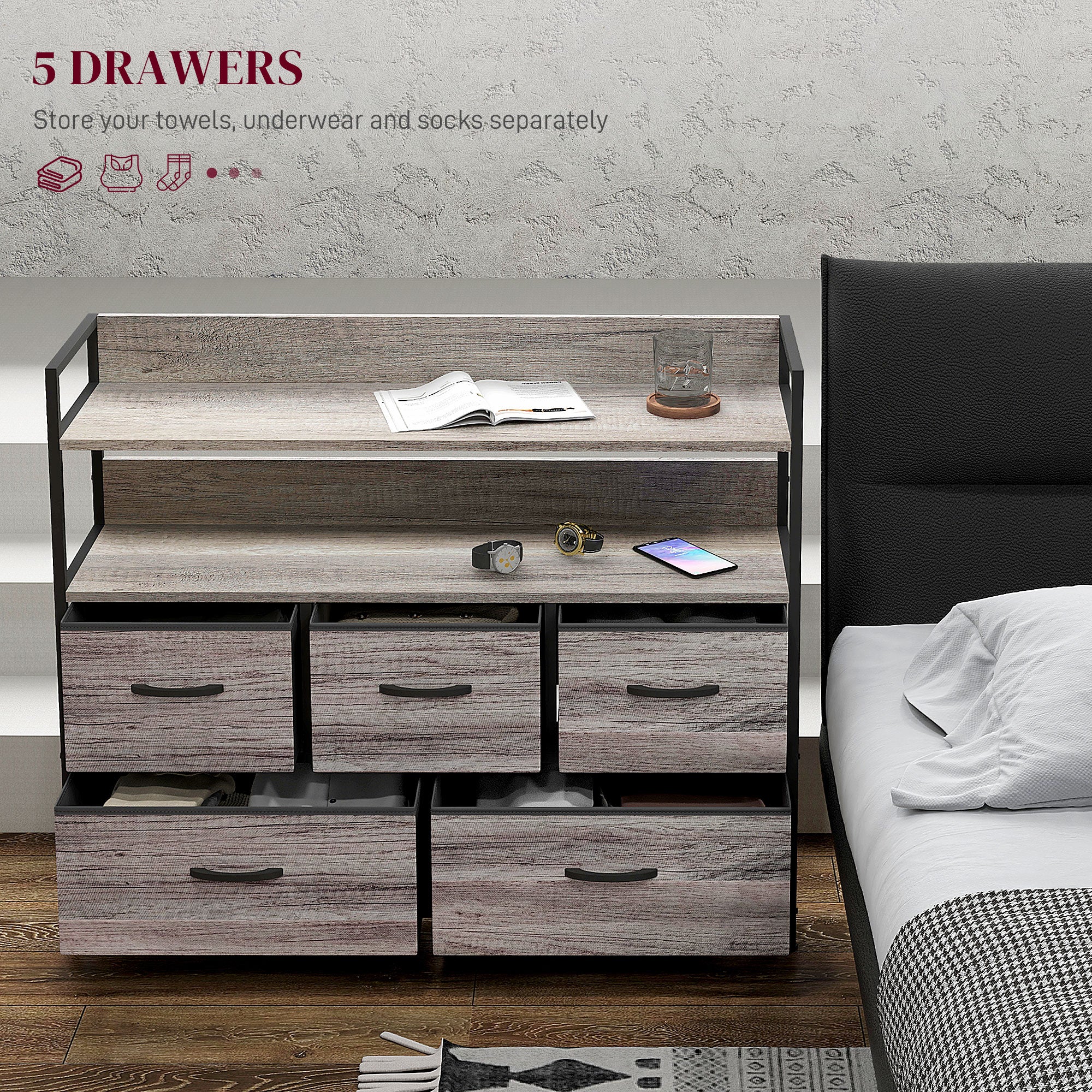 HOMCOM Rustic Chest of Five Fabric Drawers - Grey Wood Effect - North Peak Garden Furniture
