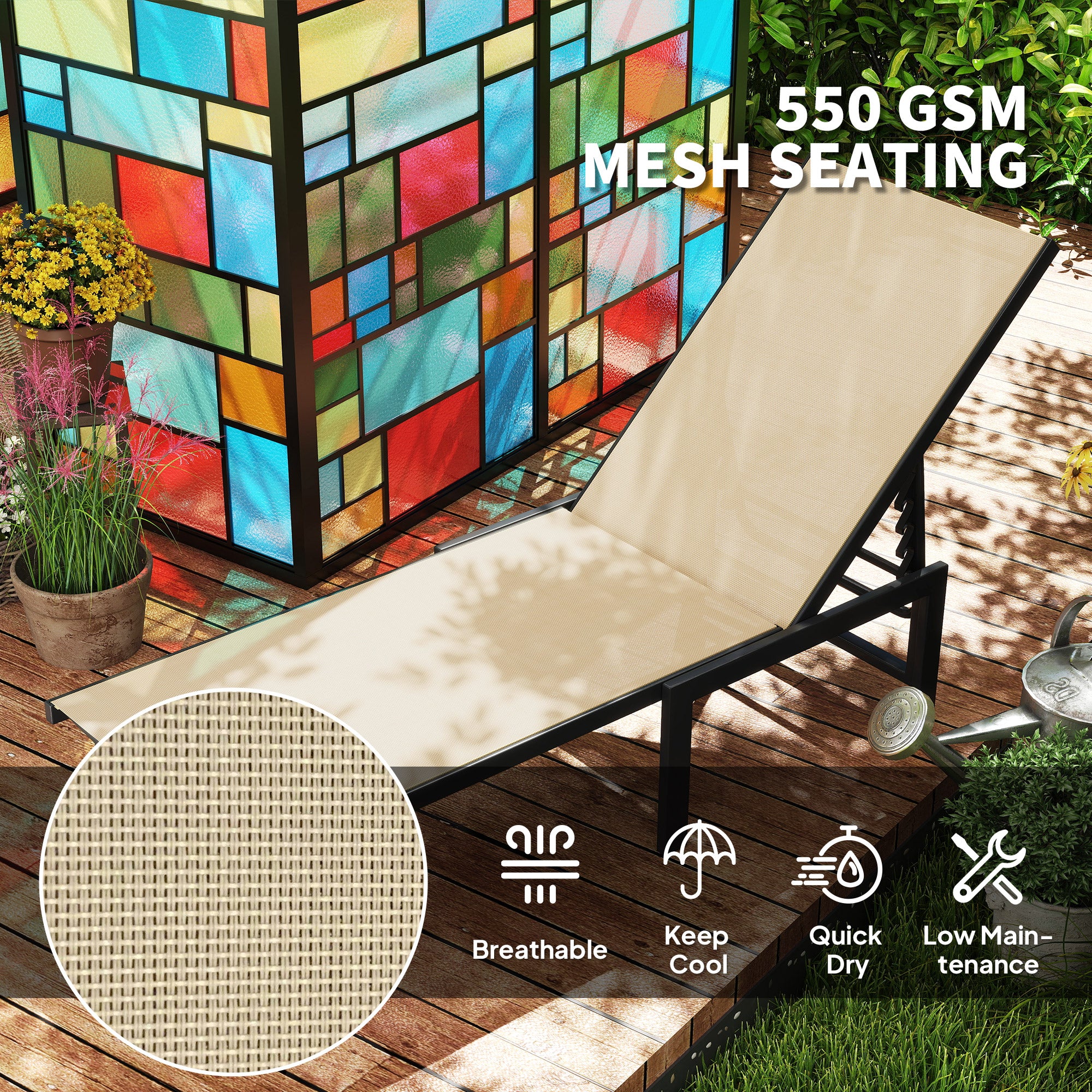 Outsunny Sun Lounger for Garden, 5-Level Adjustable Reclining Sun Lounger Chair, Flat Garden Lounger Sunbed with Texteline Seat, Steel Frame for Patio, Beach, Khaki - North Peak Garden Furniture
