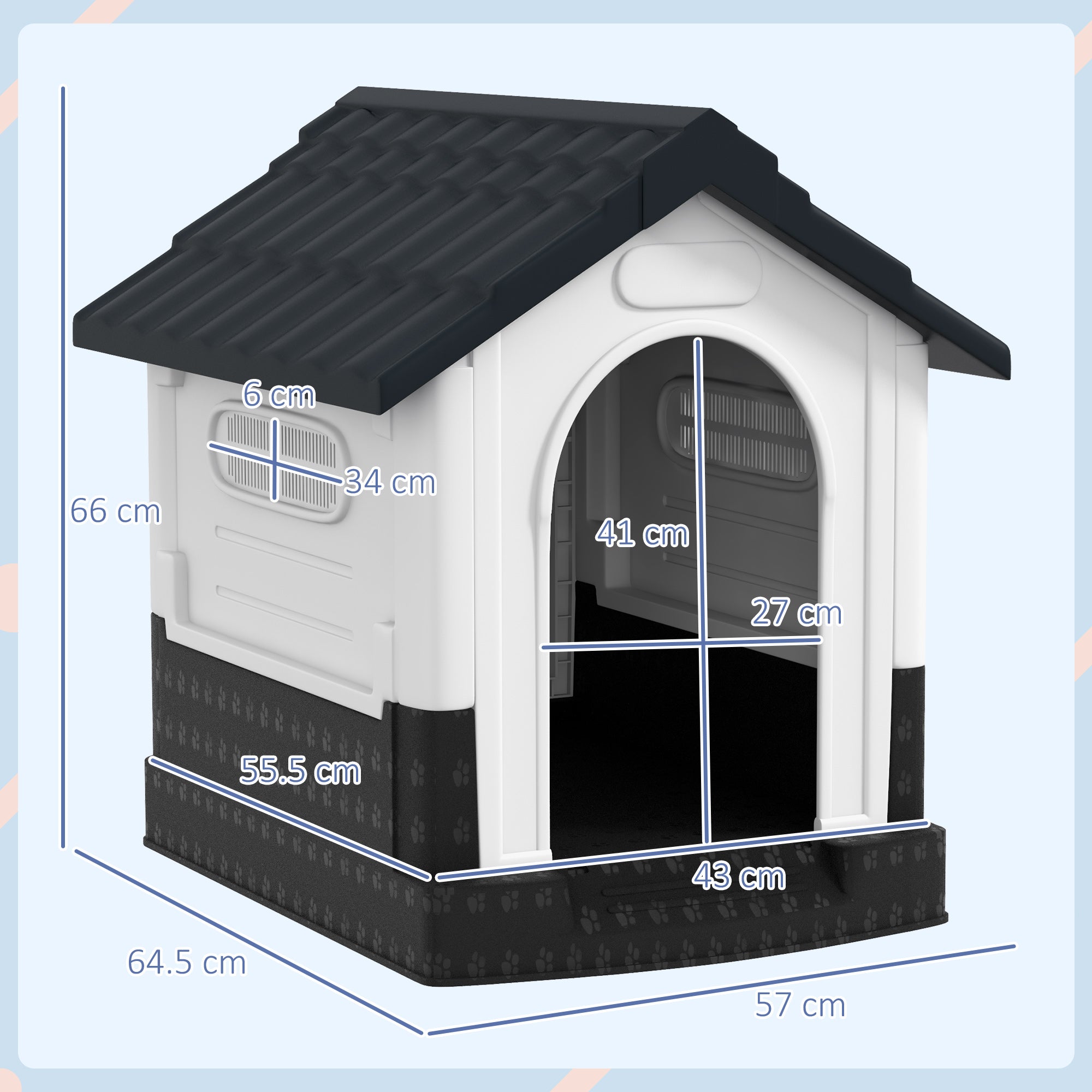 PawHut Plastic Dog Kennel with Windows, for Garden Patio, Miniature Dogs, 64.5 x 57 x 66cm - Grey - North Peak Garden Furniture
