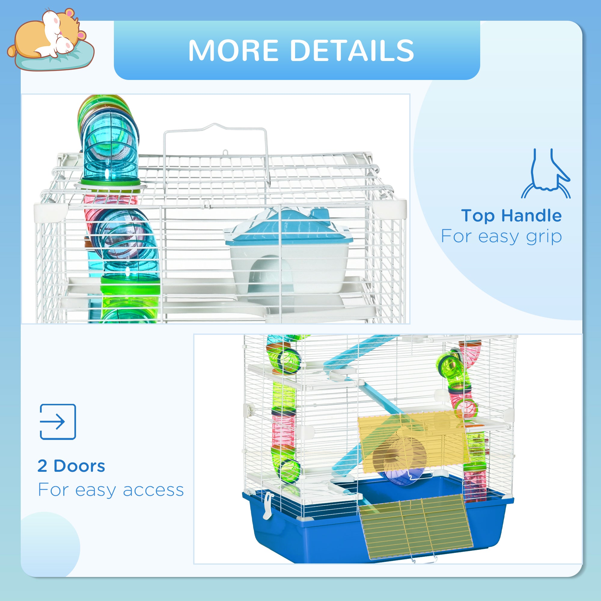 PawHut Hamster Cage with Tunnel Tube System, 5 Level Gerbil Haven with Water Bottle, Exercise Wheel, Food Dish, Ramps 59 cm x 36 cm x 69 cm - Blue