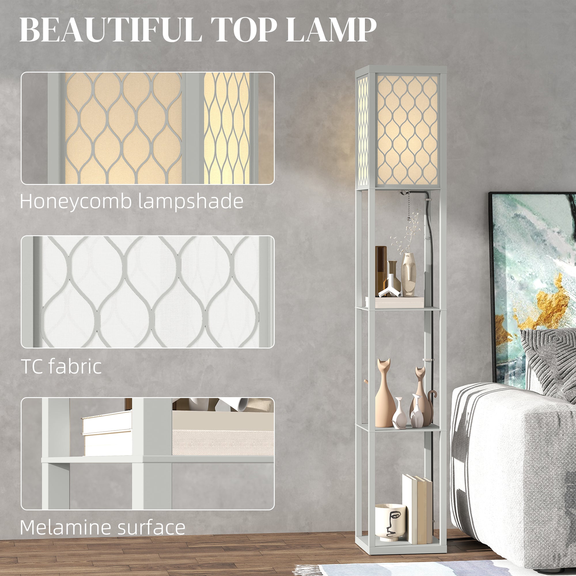 HOMCOM Three-Shelf Standing Lamp - Grey/White - North Peak Garden Furniture