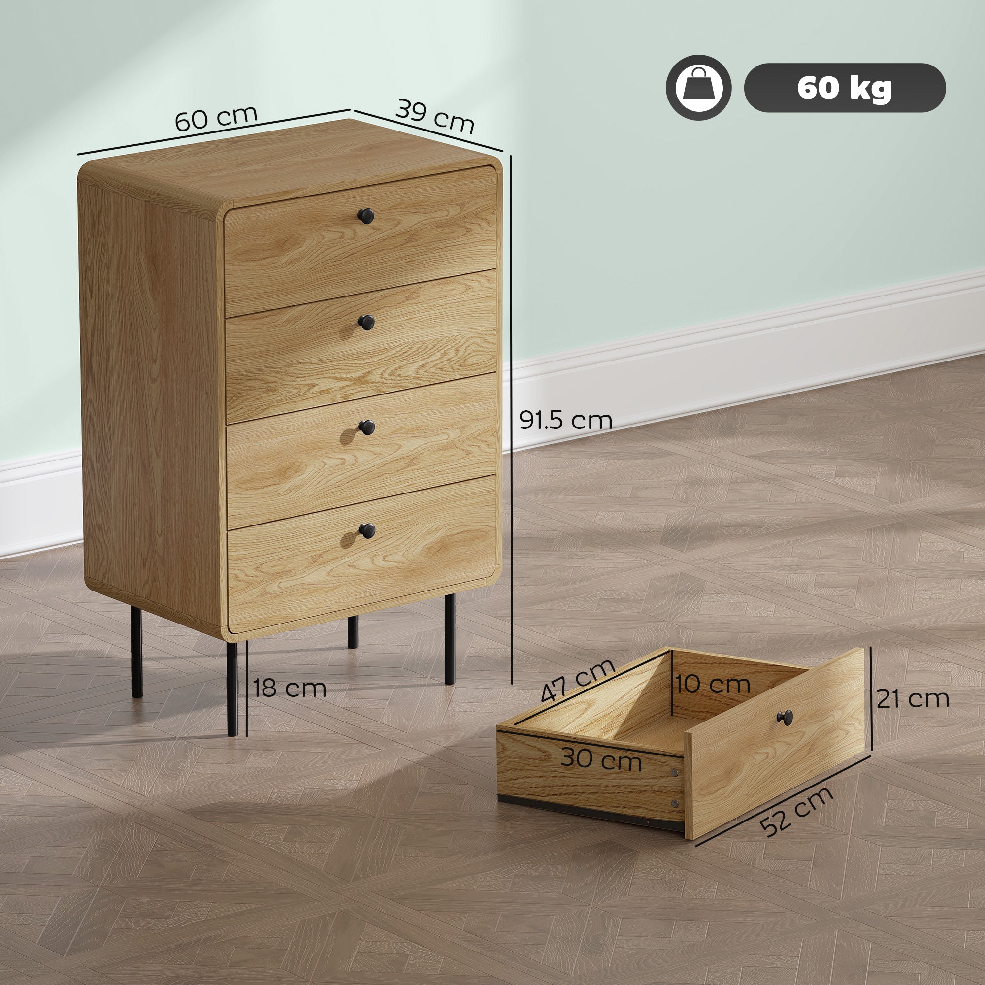 HOMCOM Modern Chest of Drawers with 4 Drawers - Oak