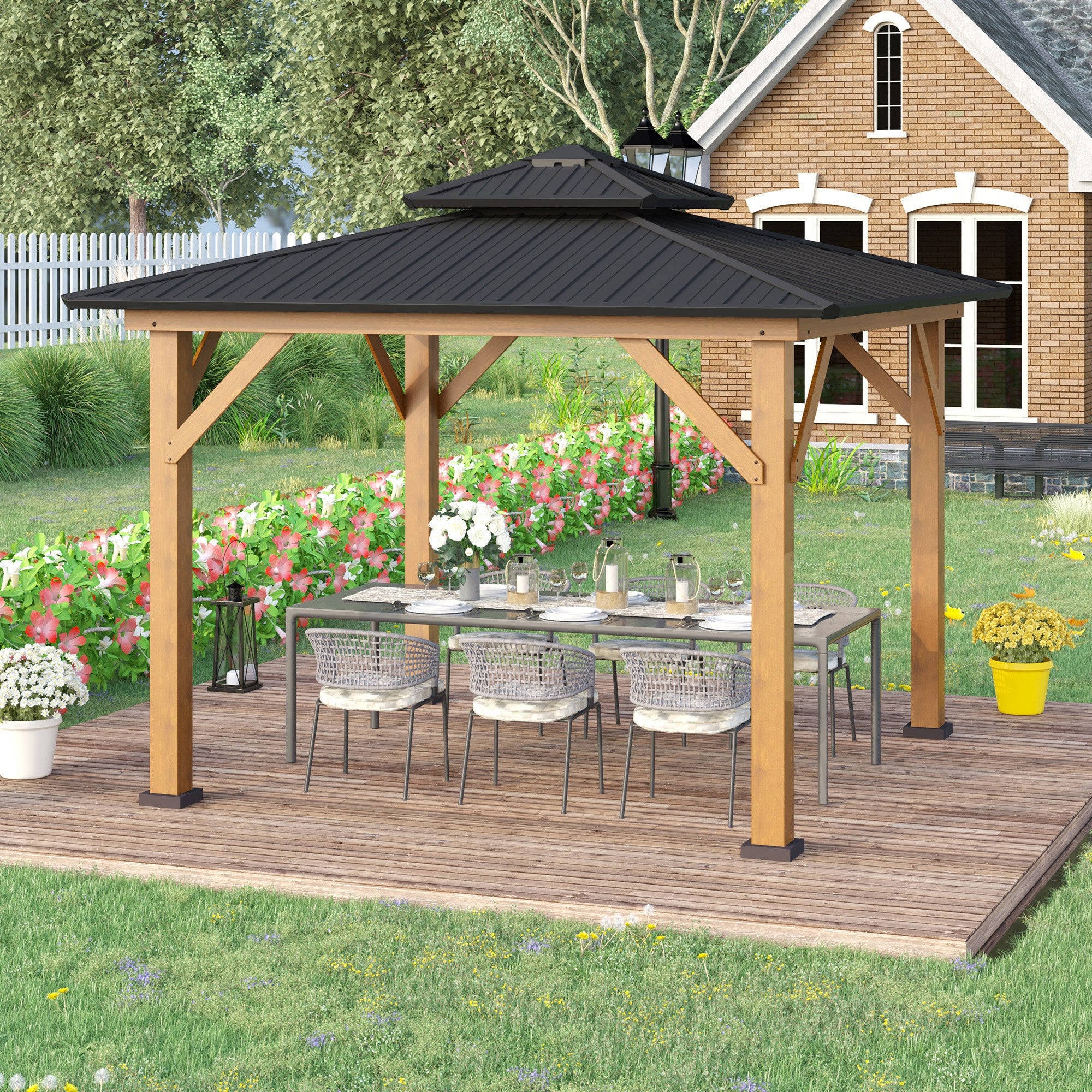 Outsunny 3.5 x 3.5m Outdoor Hardtop Gazebo Canopy with Two-tier Metal Roof and Solid Wood Frame Outdoor Patio Shelter for Patio, Garden, Grey - North Peak Garden Furniture