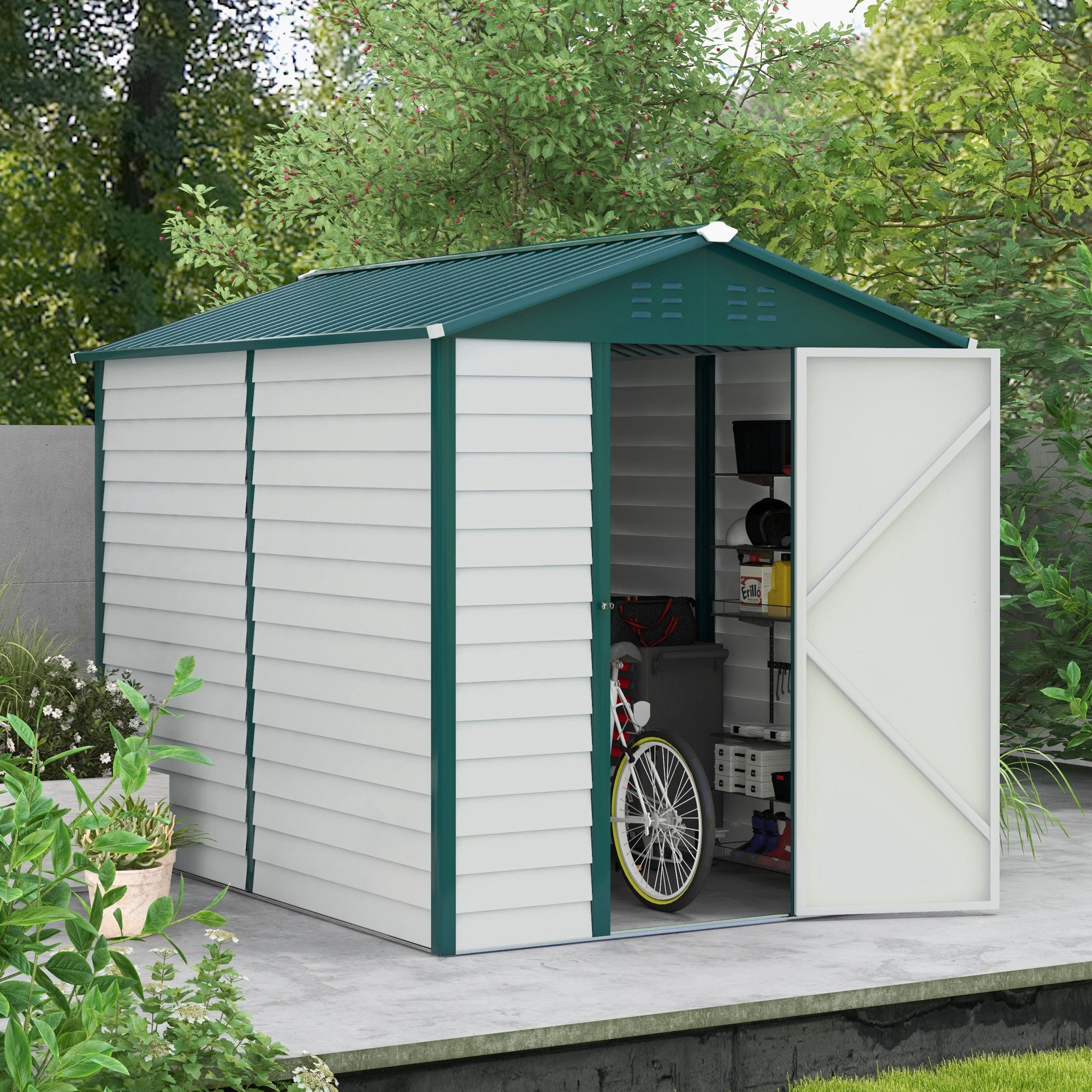 Outsunny 9x 6FT Metal Outdoor Garden Shed, Galvanised Tool Storage Shed w/ Sloped Roof, Lockable Door for Patio Lawn, Green - North Peak Garden Furniture