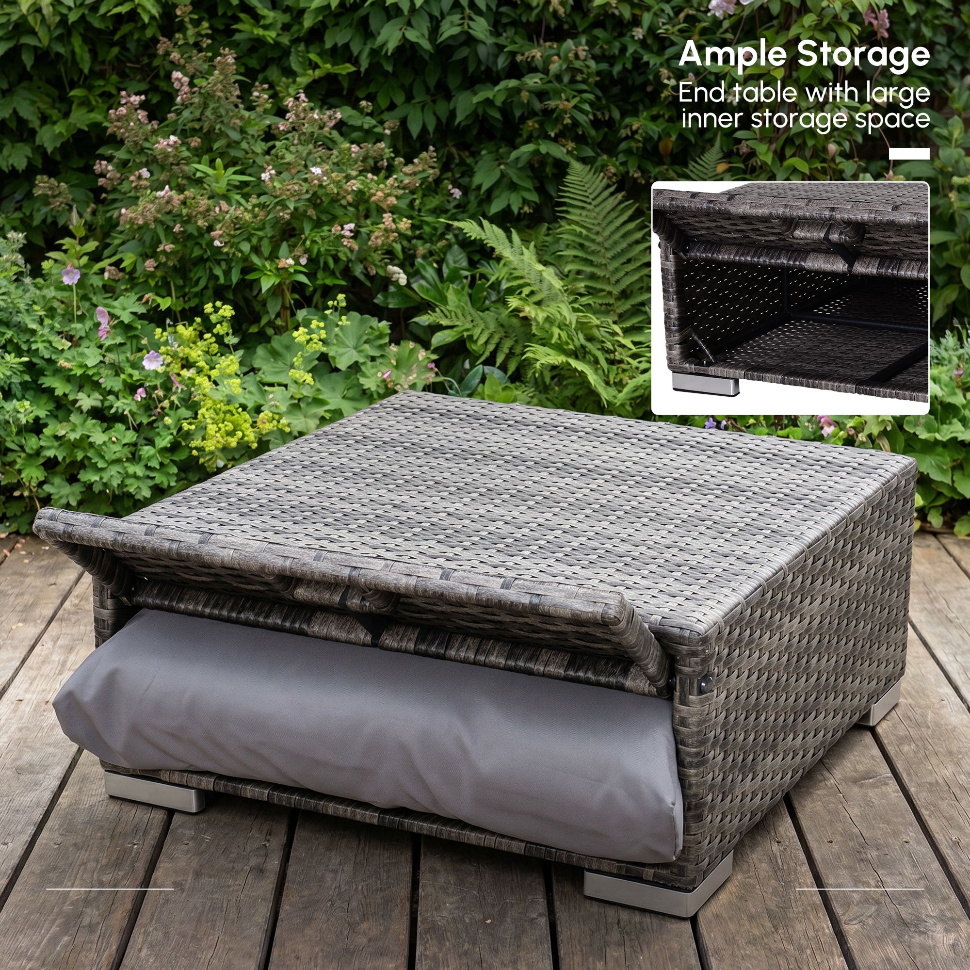 Outsunny 3PC Rattan Garden Furniture Storage Sofa Set 4 Seater Wicker Coffee Table Conservatory Sun Lounger Reclining Set Outdoor Weave with Cushion Grey