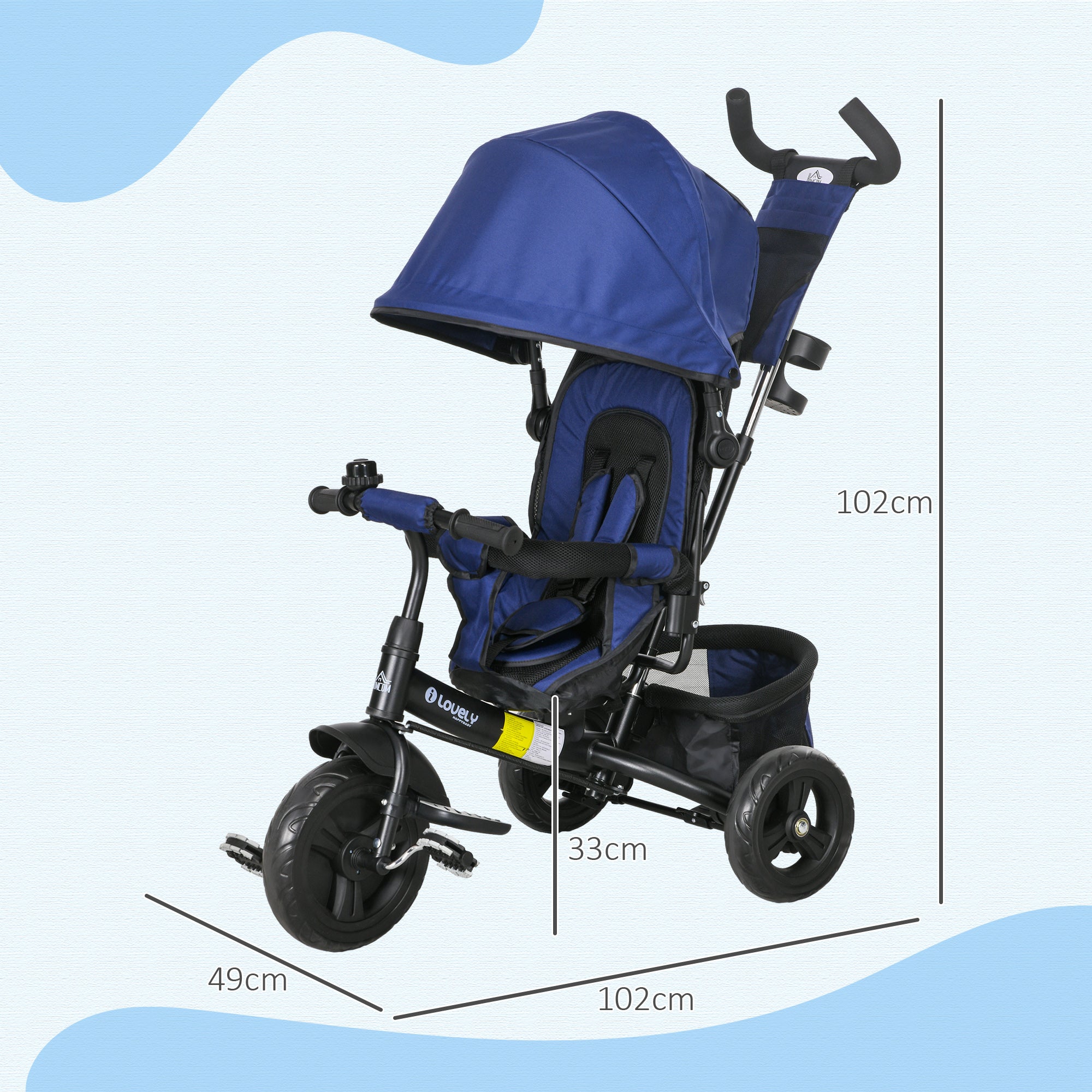 HOMCOM 6 in 1 Kids Trike Push Bike w/ Push Handle, Canopy, 5-point Safety Belt, Storage, Footrest, Brake, for 1-5 Years, Blue - North Peak Garden Furniture