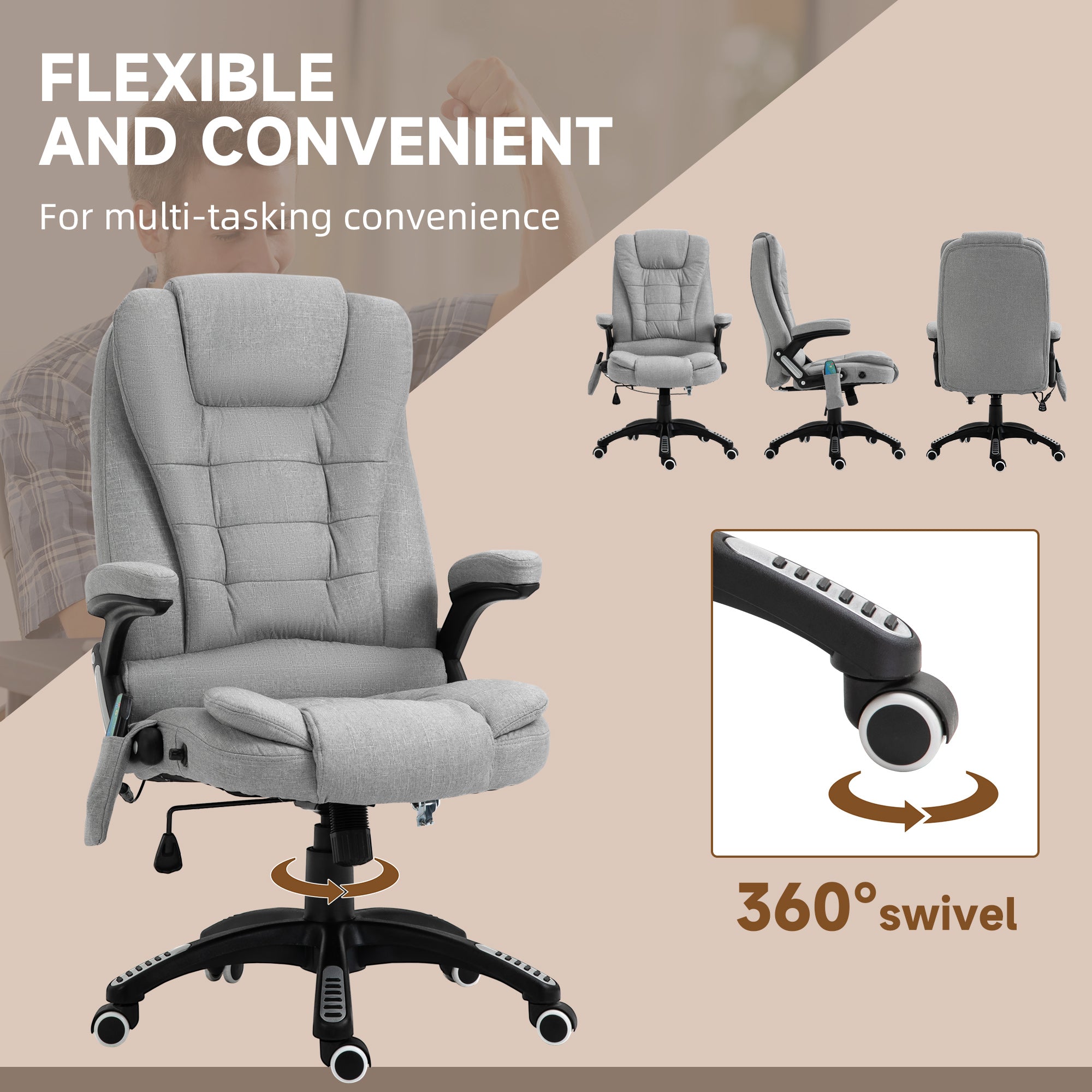 Vinsetto Office Chair, Ergonomic Desk Chair with 6-Point Massage and Back Heated, Linen-Feel Fabric Computer Gaming Chair with Arms, Lumbar Support, Light Grey - North Peak Garden Furniture