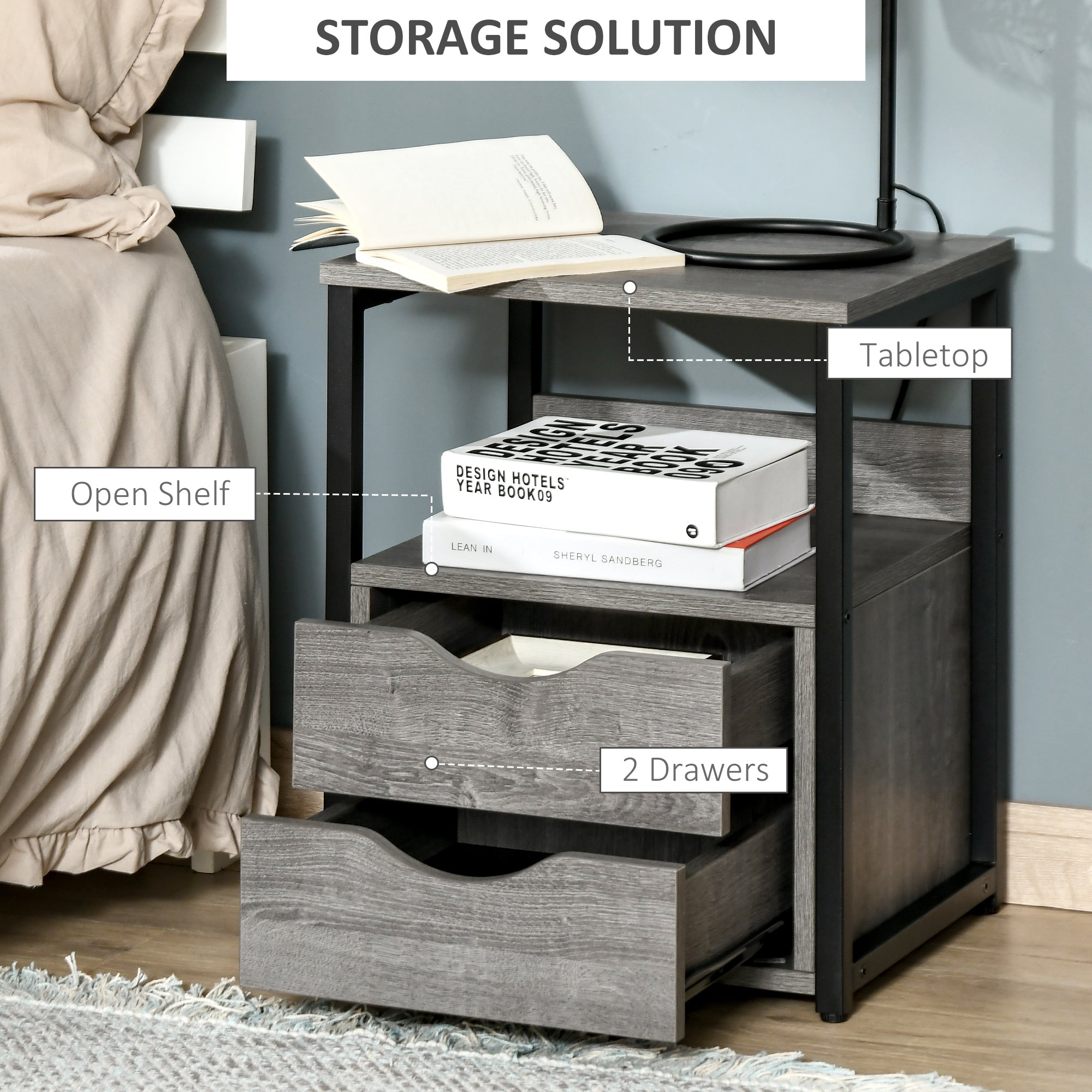 HOMCOM Industrial Side Table with Drawer, Sofa Table, Bedside Cabinet with Storage Shelf, Slim Nightstand for Living Room, Bedroom, Grey - North Peak Garden Furniture