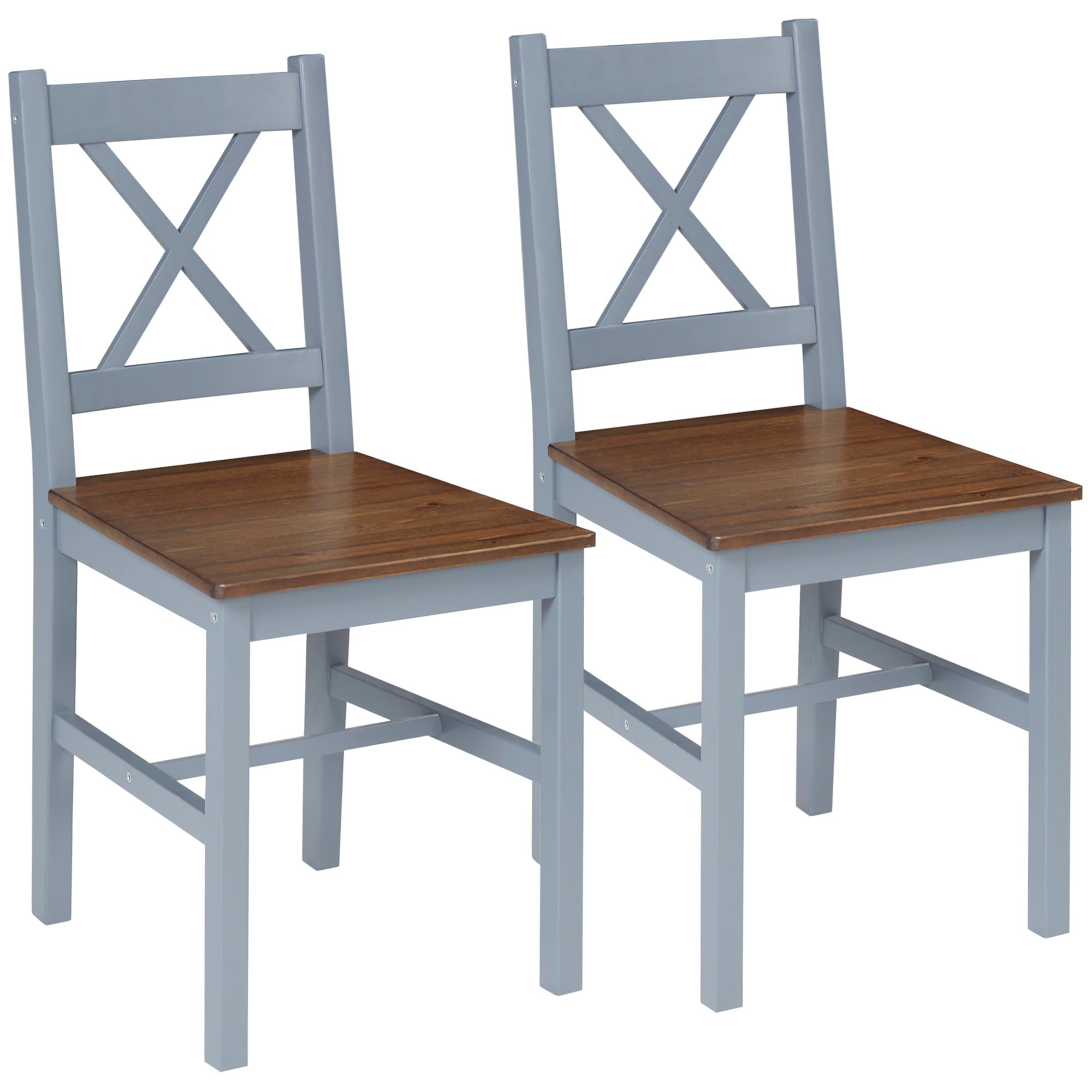 HOMCOM Dining Chairs Set of 2, Pine Wood Kitchen Chairs with Cross Back, Solid Structure for Living Room and Dining Room, Grey - North Peak Garden Furniture