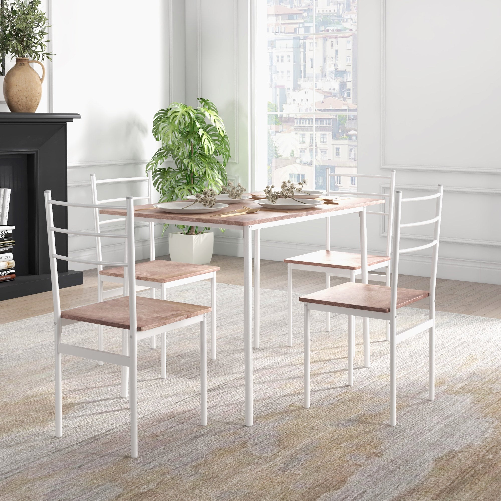 HOMCOM Five-Piece Compact Dining Table and Chairs Set - Brown/White - North Peak Garden Furniture