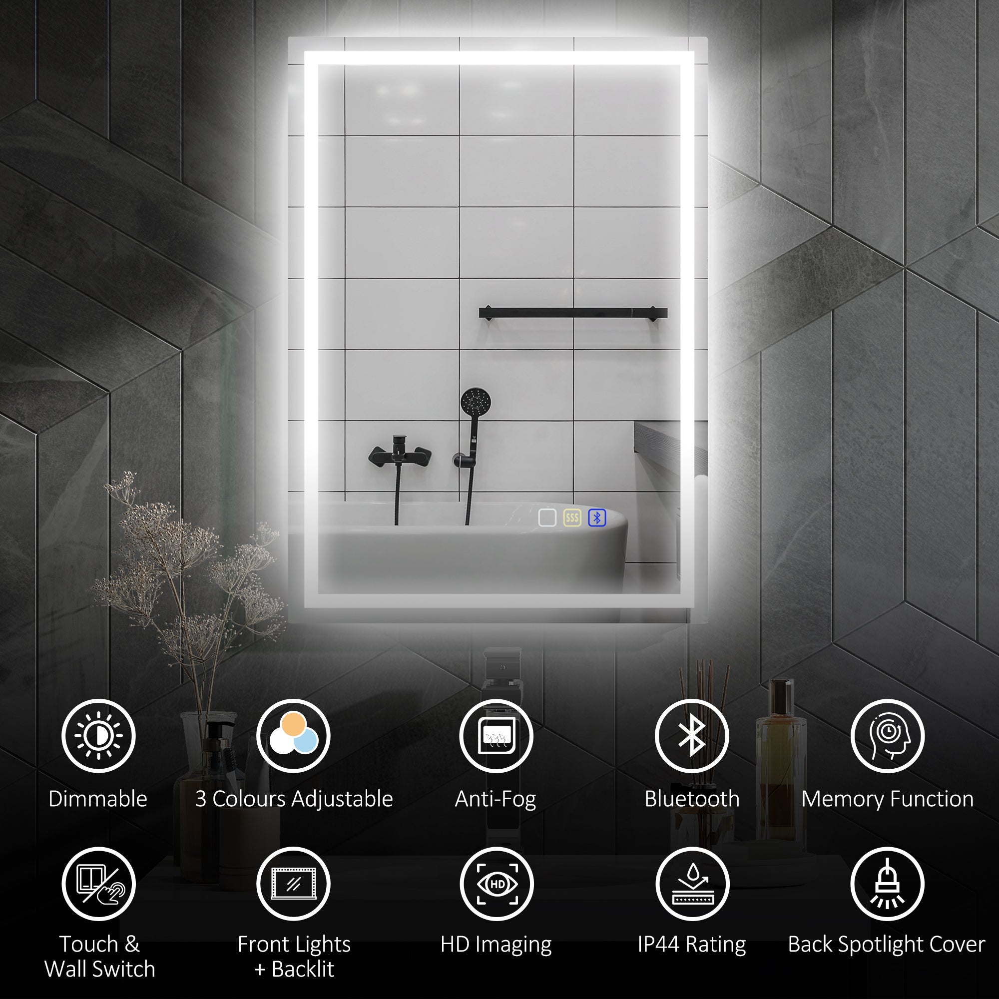 HOMCOM 50 x 70 cm Anti-Fog LED Bathroom Mirror, with Bluetooth - Silver Tone - North Peak Garden Furniture