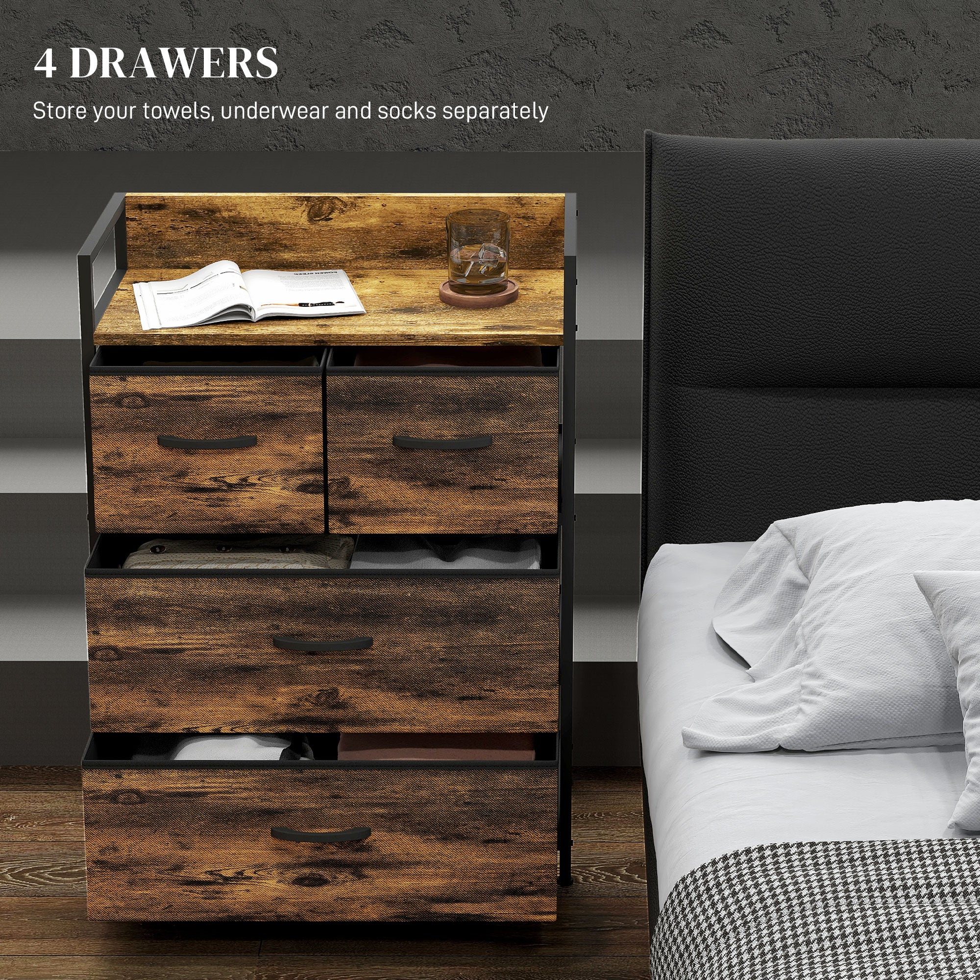 HOMCOM Rustic Chest of Four Fabric Drawers - Rustic Brown - North Peak Garden Furniture