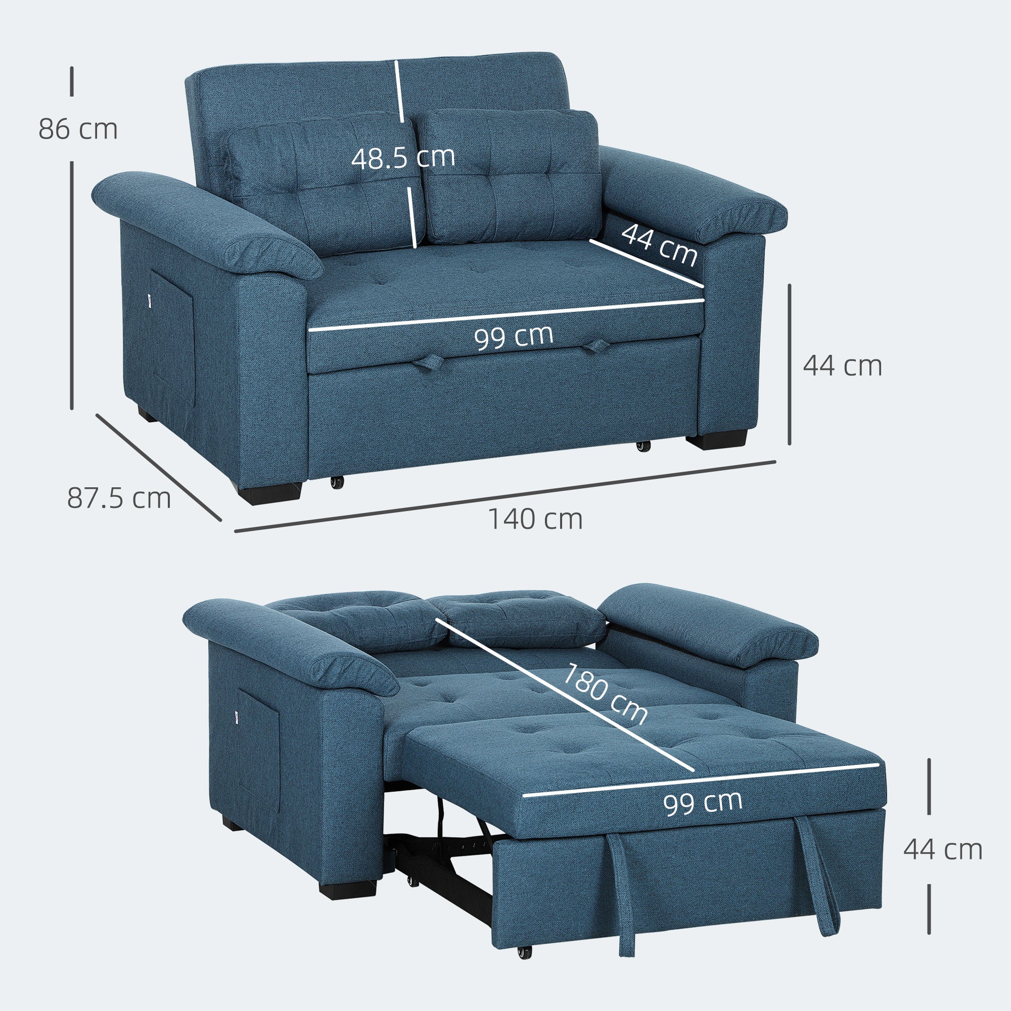 HOMCOM Pull Out Sofa Bed with 2 Pocket Springs, Fabric 2 Seater Click Clack Sofa Bed Settee, Convertible Sofa Couch with Pillows and Side Pockets for Living Room, Home Office, Blue - North Peak Garden Furniture