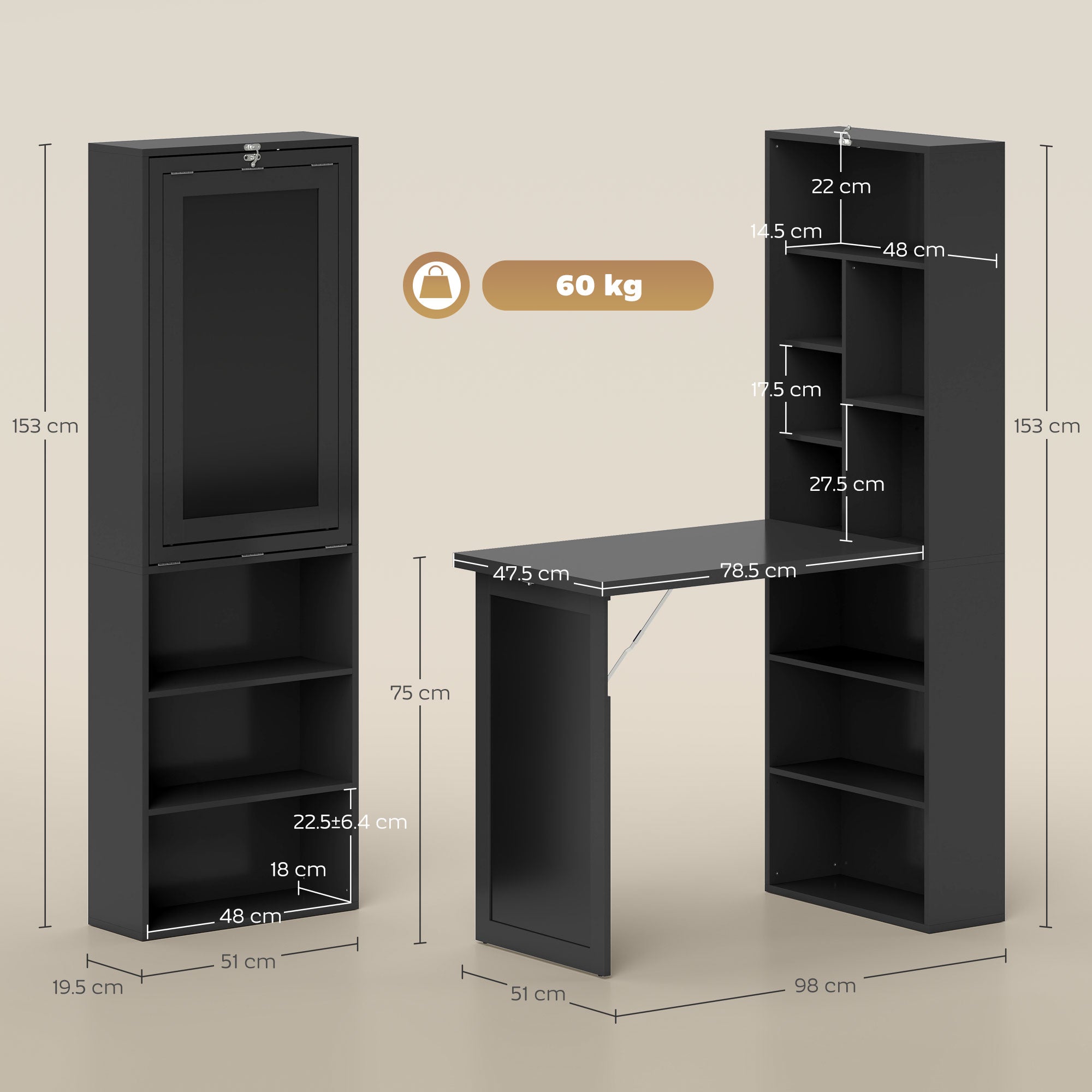 HOMCOM Three-Part Work Desk, with Storage and Chalkboard - Black