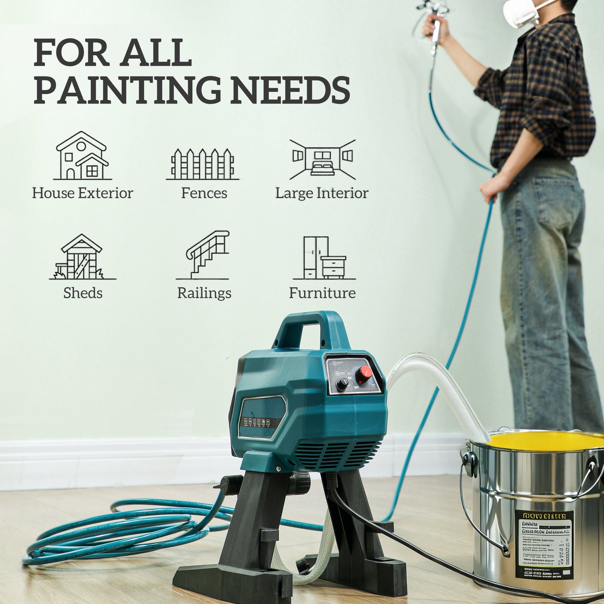 HOMCOM Airless Paint Sprayer, Thinning-Free, Electric Fence Paint Sprayer for Exterior and Interior DIY Painting Projects, Wall Spray Gun Machine, Household Use, 1.5L/min, 200 Bar, 7.5 m Hose