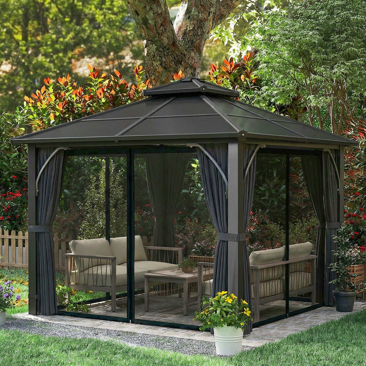 Outsunny 2.5 x 2.5 m Hardtop Gazebo Canopy with 7mm PC Roof, Garden Gazebo Permanent Pavilion with Netting, Curtains, Dark Grey