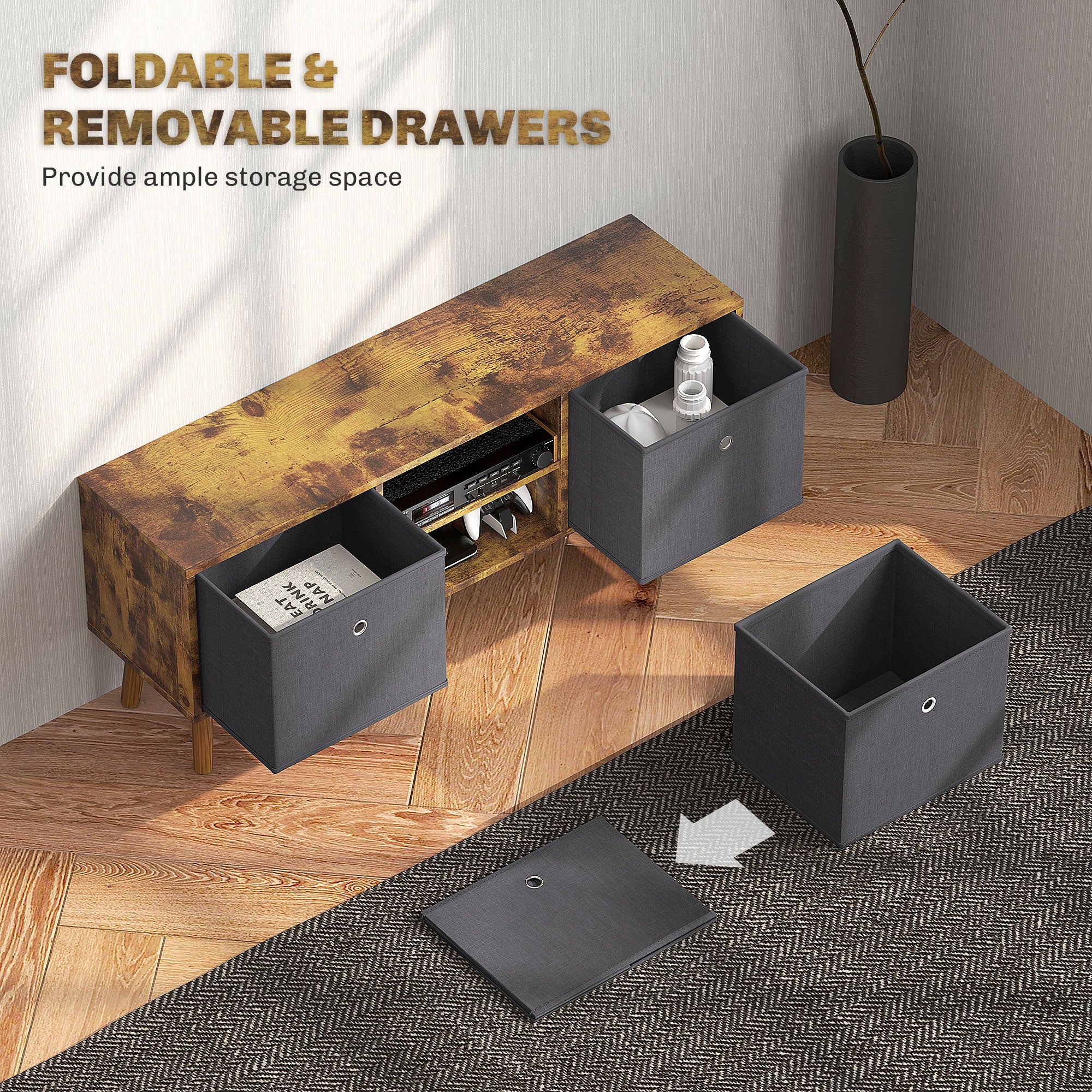 HOMCOM TV Cabinet Stand Unit for TVs up to 50'' with Foldable Drawers, Entertainment Centre for Living Room Rustic Brown - North Peak Garden Furniture