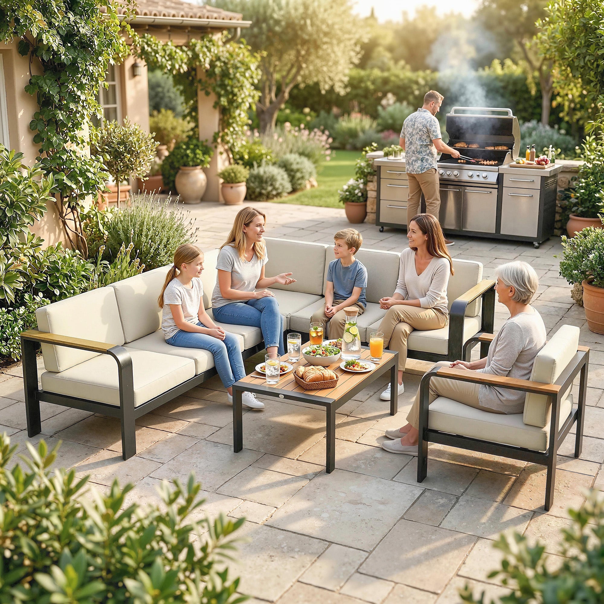 Outsunny 3 Pieces Garden Furniture Set with L-Shaped Sofa, Armchair and Coffee Table, Aluminium Garden Corner Sofa Set