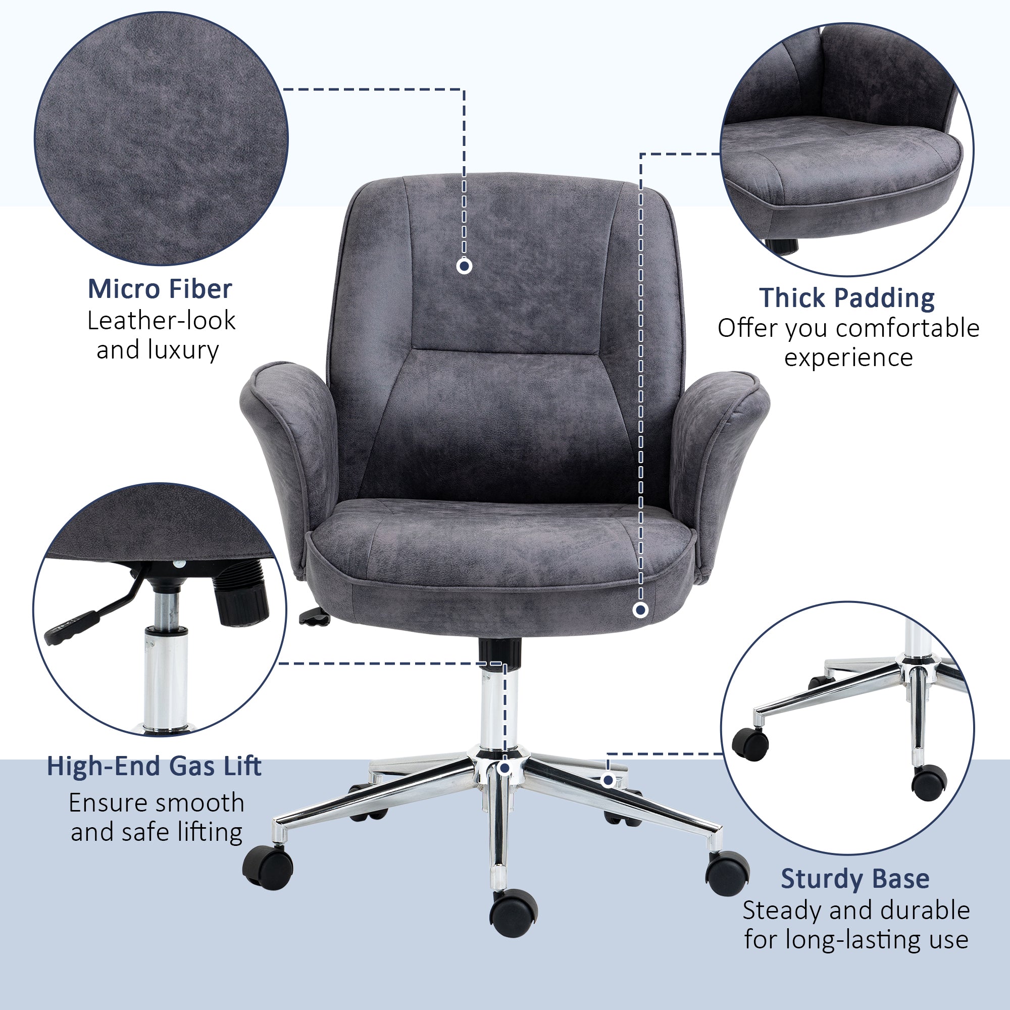 Vinsetto Swivel Computer Office Chair Mid Back Desk Chair for Home Study Bedroom, Charcoal Grey - North Peak Garden Furniture