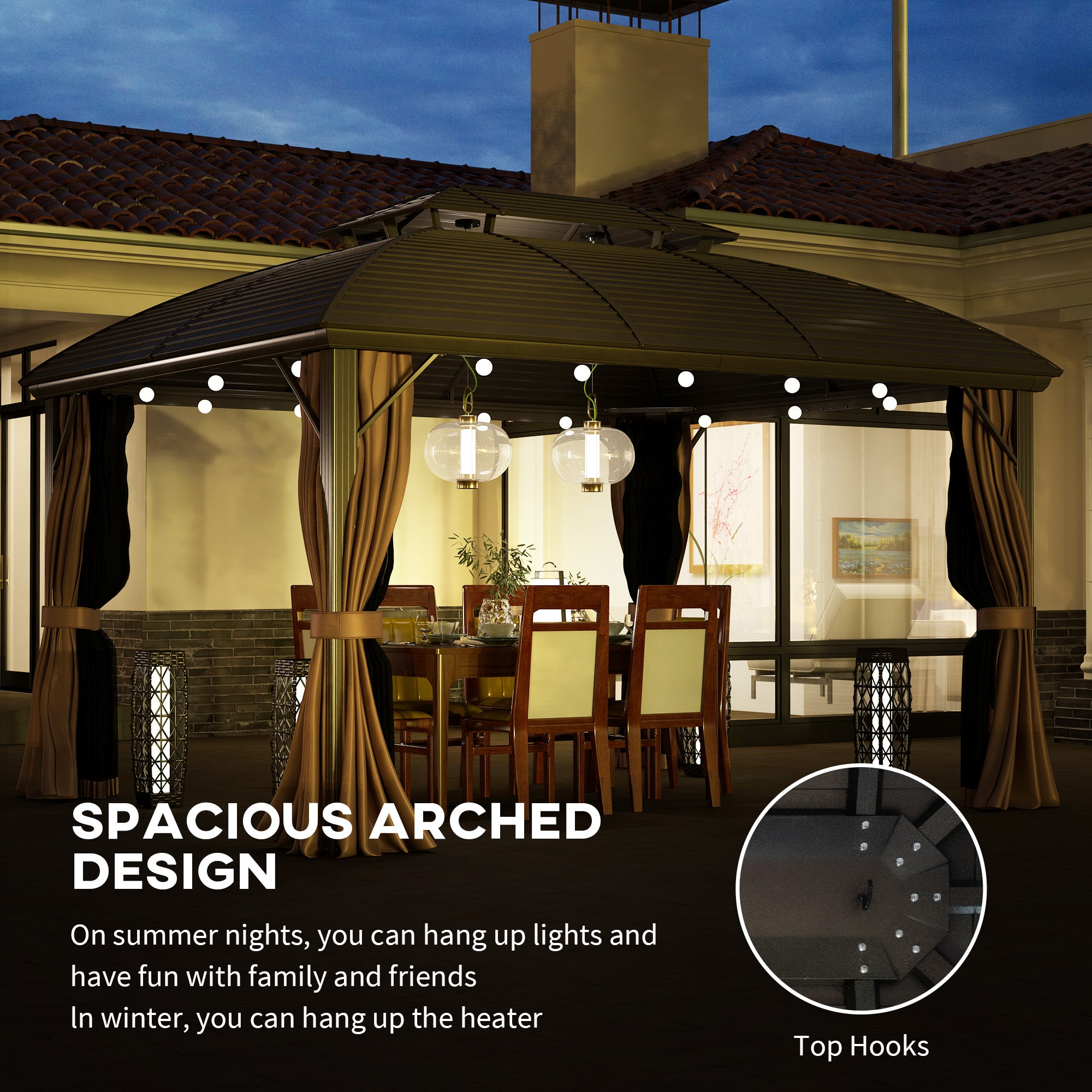 Outsunny 3.65 x 3(m) Hardtop Steel Gazebo Canopy with Aluminium Frame, Double Roof, Net Sidewalls and Curtains, Coffee - North Peak Garden Furniture