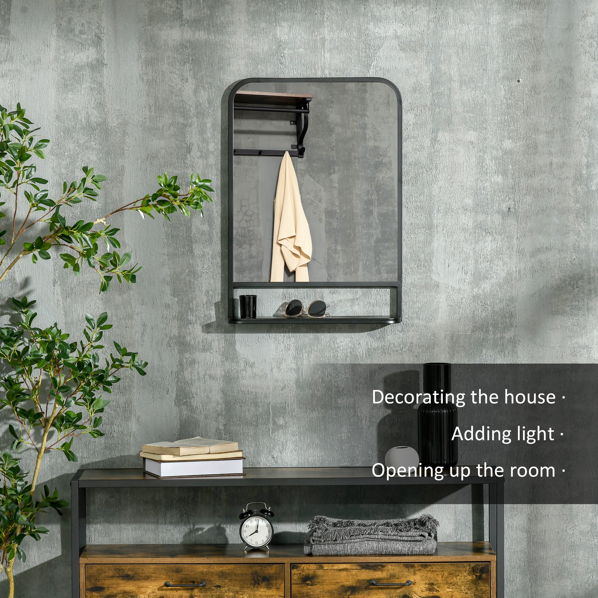 HOMCOM Modern Square Wall Mirror with Storage Shelf, 70 x 50 cm Mirrors for Living Room, Bedroom, Black - North Peak Garden Furniture