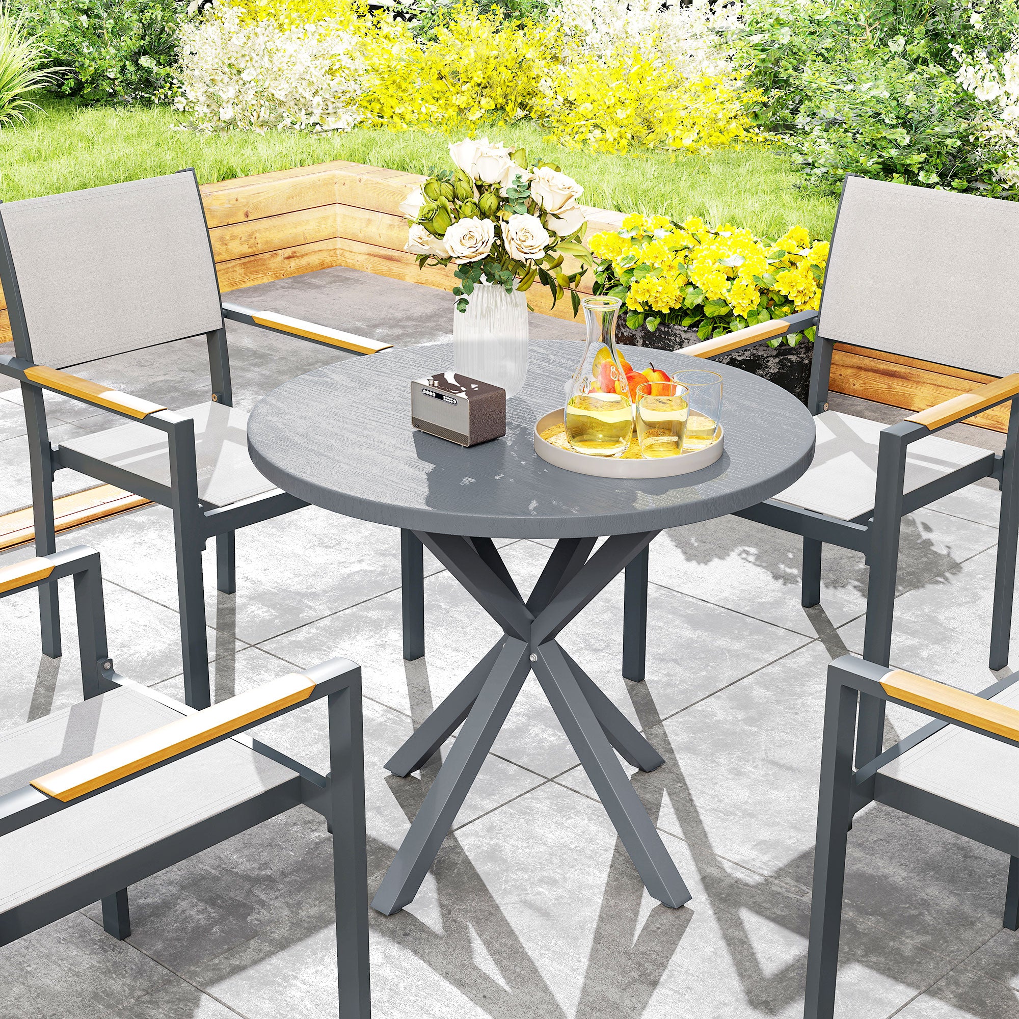 Outsunny Garden Table, 85cm Round Outdoor Dining Table with Steel Frame, Wood Effect Top, for Balcony, Deck, Dark Grey - North Peak Garden Furniture