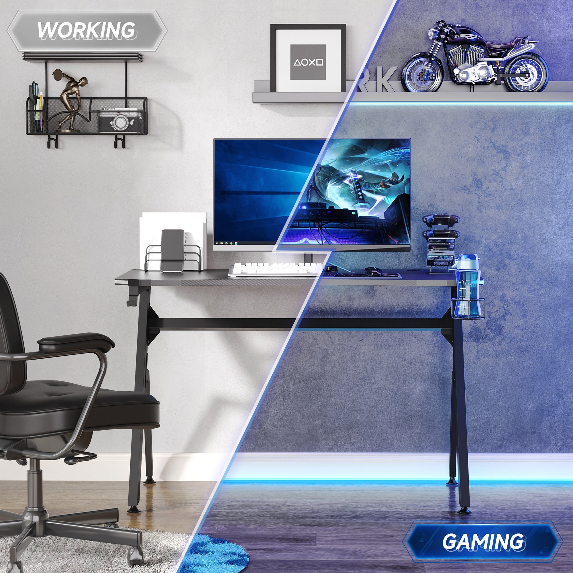 HOMCOM RGB 120 x 66cm Gaming Desk, Computer Table with Carbon Fibre Surface, Headphone Hook, Cup Holder, Controller Rack, Home Office Desk, Black - North Peak Garden Furniture