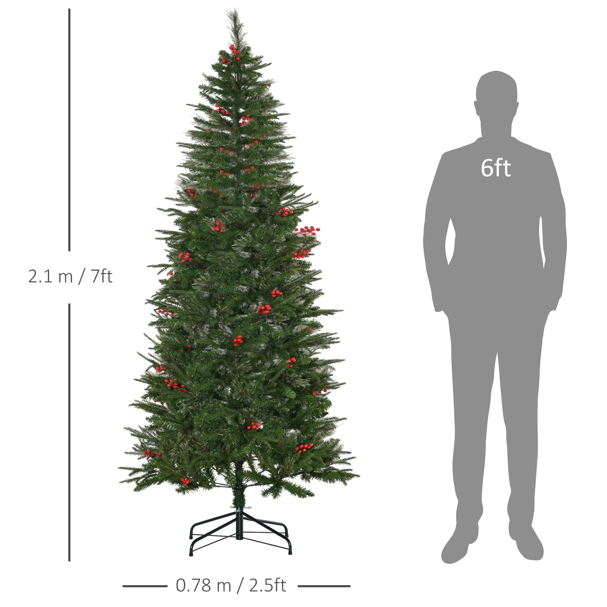 HOMCOM 7ft Pencil Artificial Christmas Tree with Realistic Branches, Red Berries, Auto Open, Green - North Peak Garden Furniture