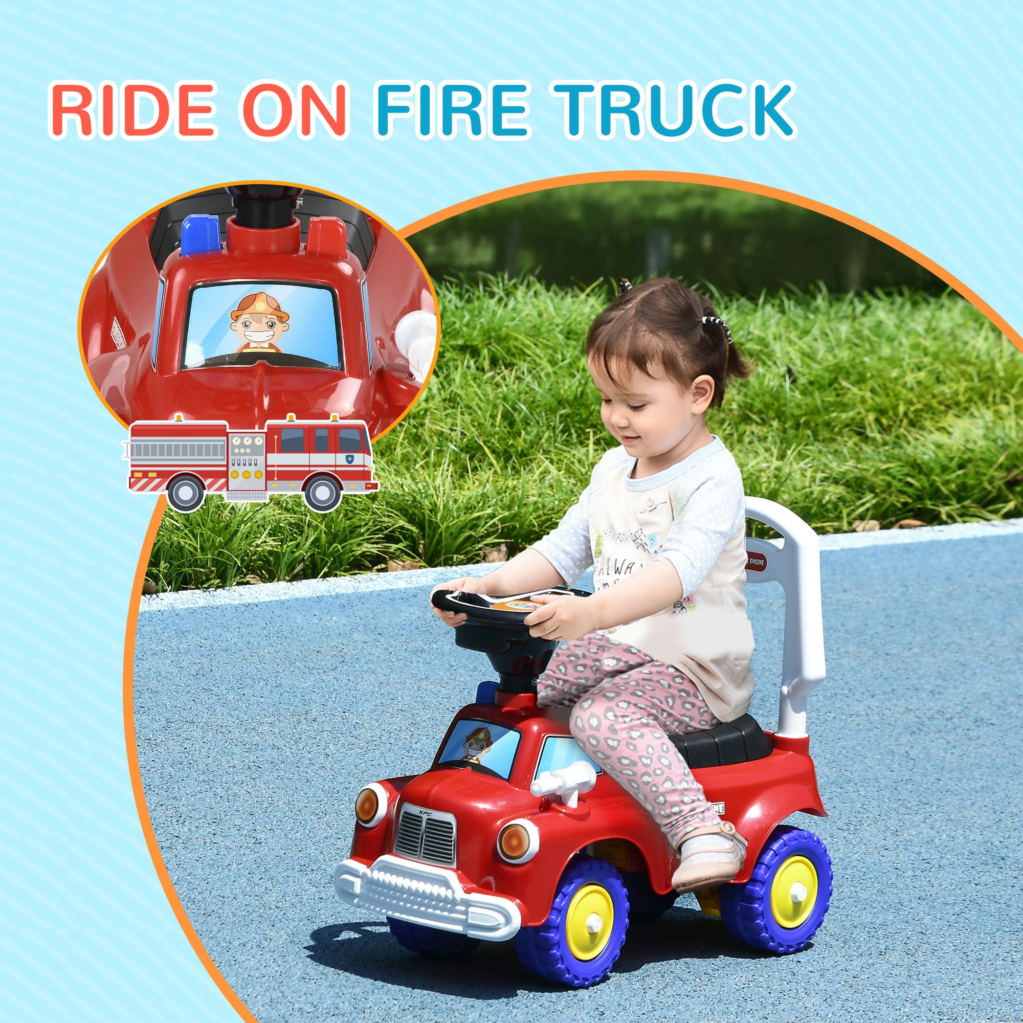 AIYAPLAY Ride On Fire Truck Foot to Floor Design with Under Seat Storage, Steering Wheel, Music, Light, for 1.5-3 Years, Red - North Peak Garden Furniture