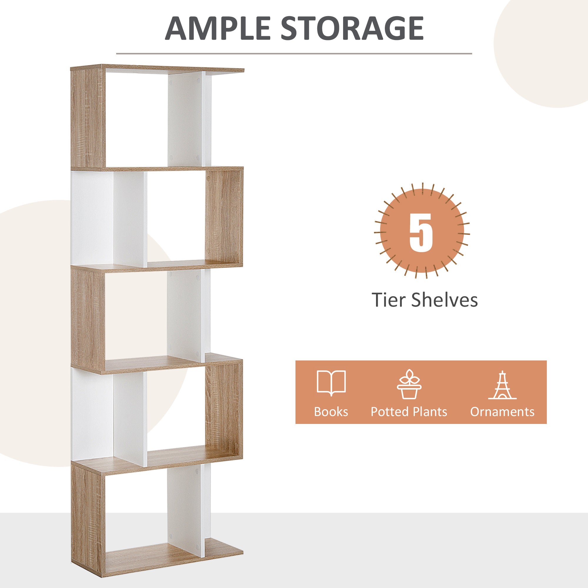 HOMCOM 5-tier Bookcase Storage Display Shelving S Shape design Unit Divider Natural - North Peak Garden Furniture