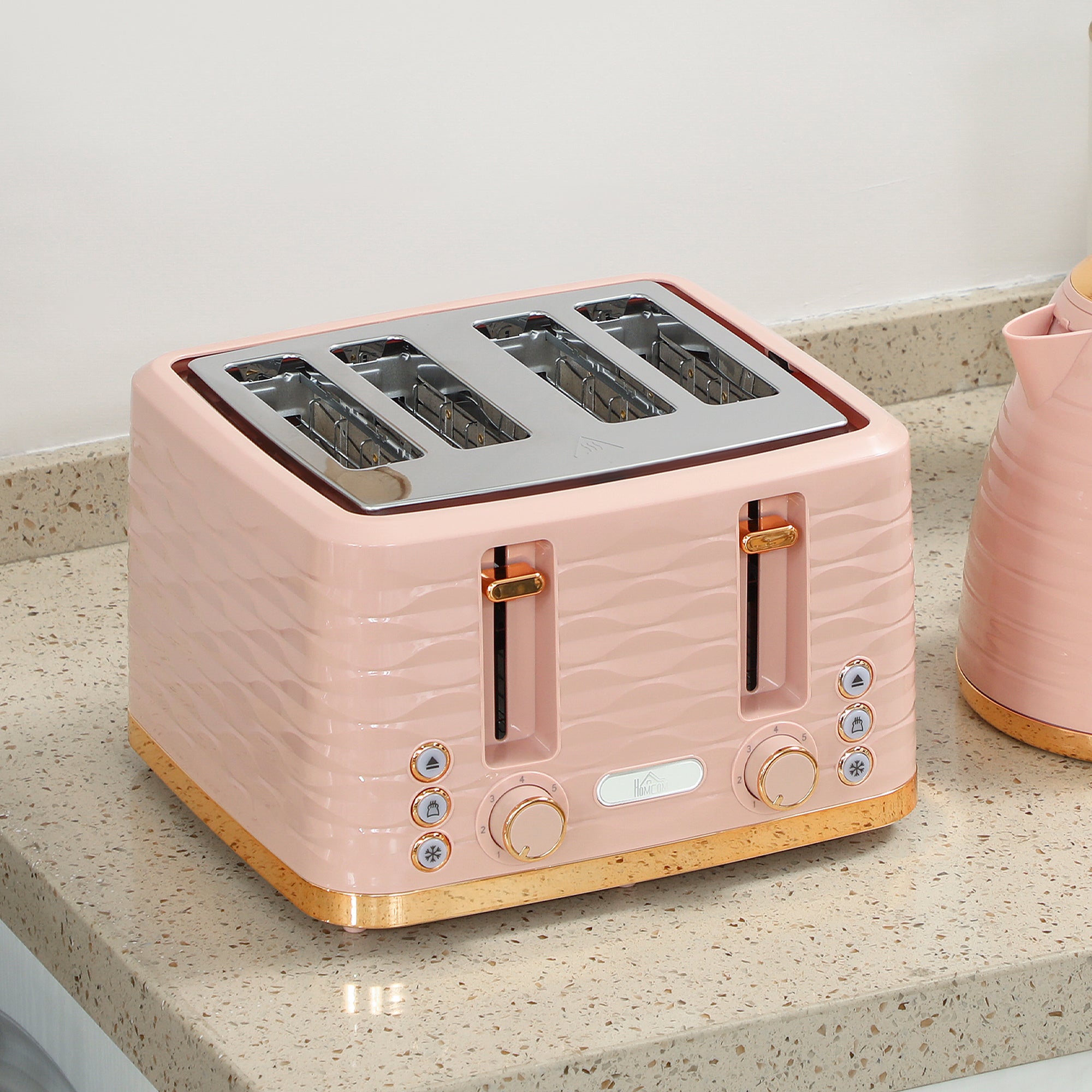 HOMCOM 3000W 1.7L Kettle & 4 Slice Toaster, Kettle and Toaster Set with 7 Browning Controls and Crumb Tray, Light Pink
