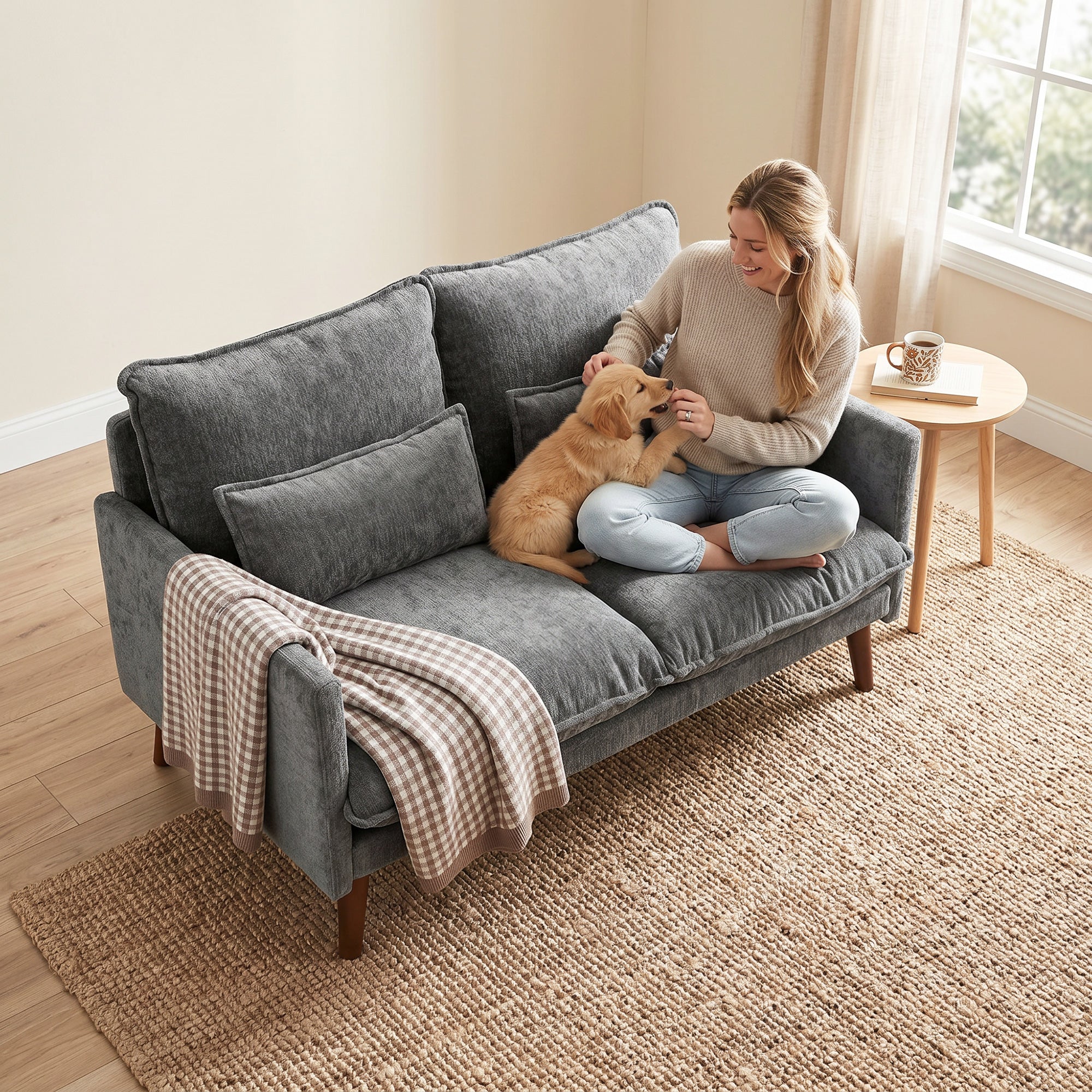 HOMCOM 2 Seater Sofa, Loveseat Sofa with Spring Cushions, Wide and Deep Seat, Wood Legs, Grey