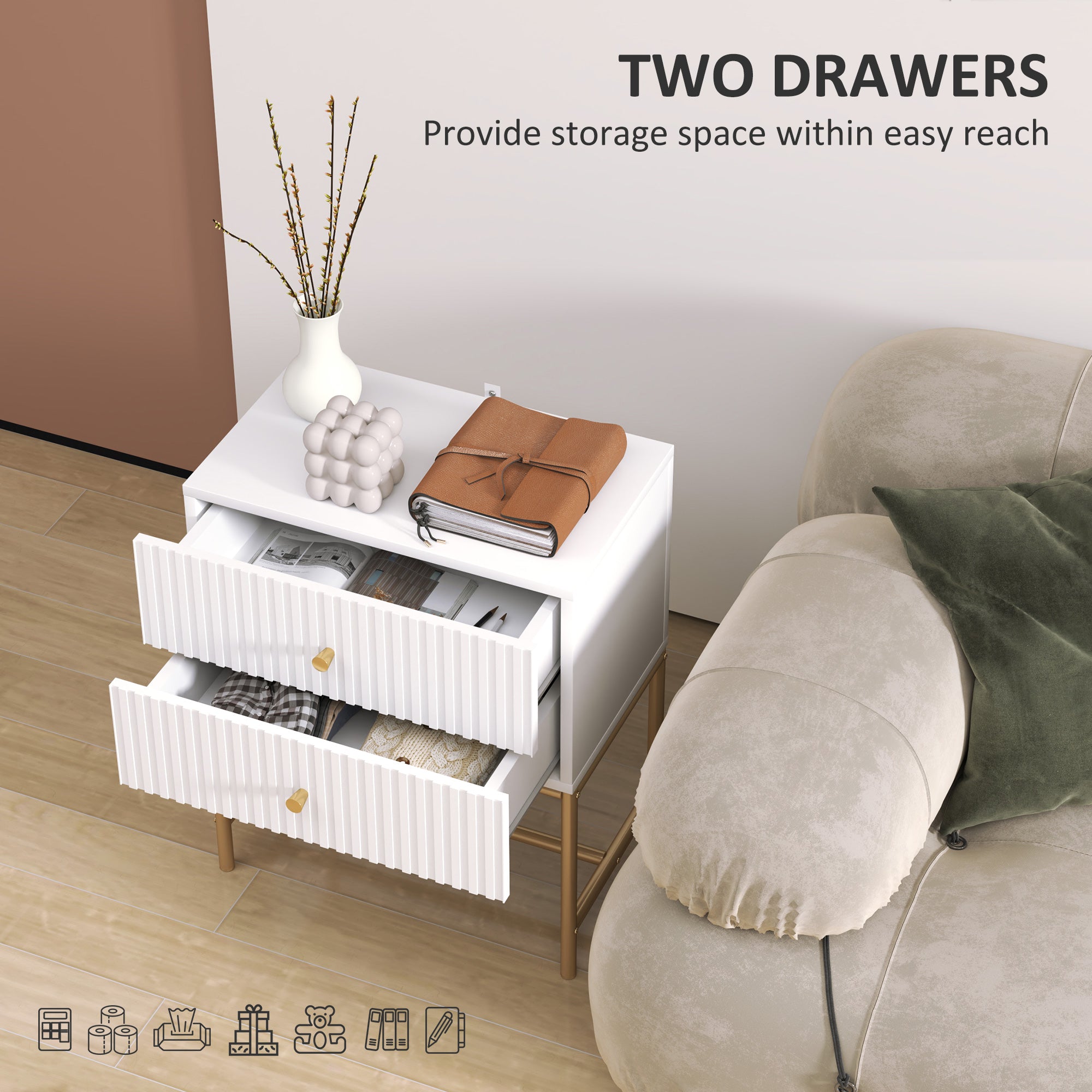 HOMCOM Elegant Two-Drawer Bedside Table - White - North Peak Garden Furniture