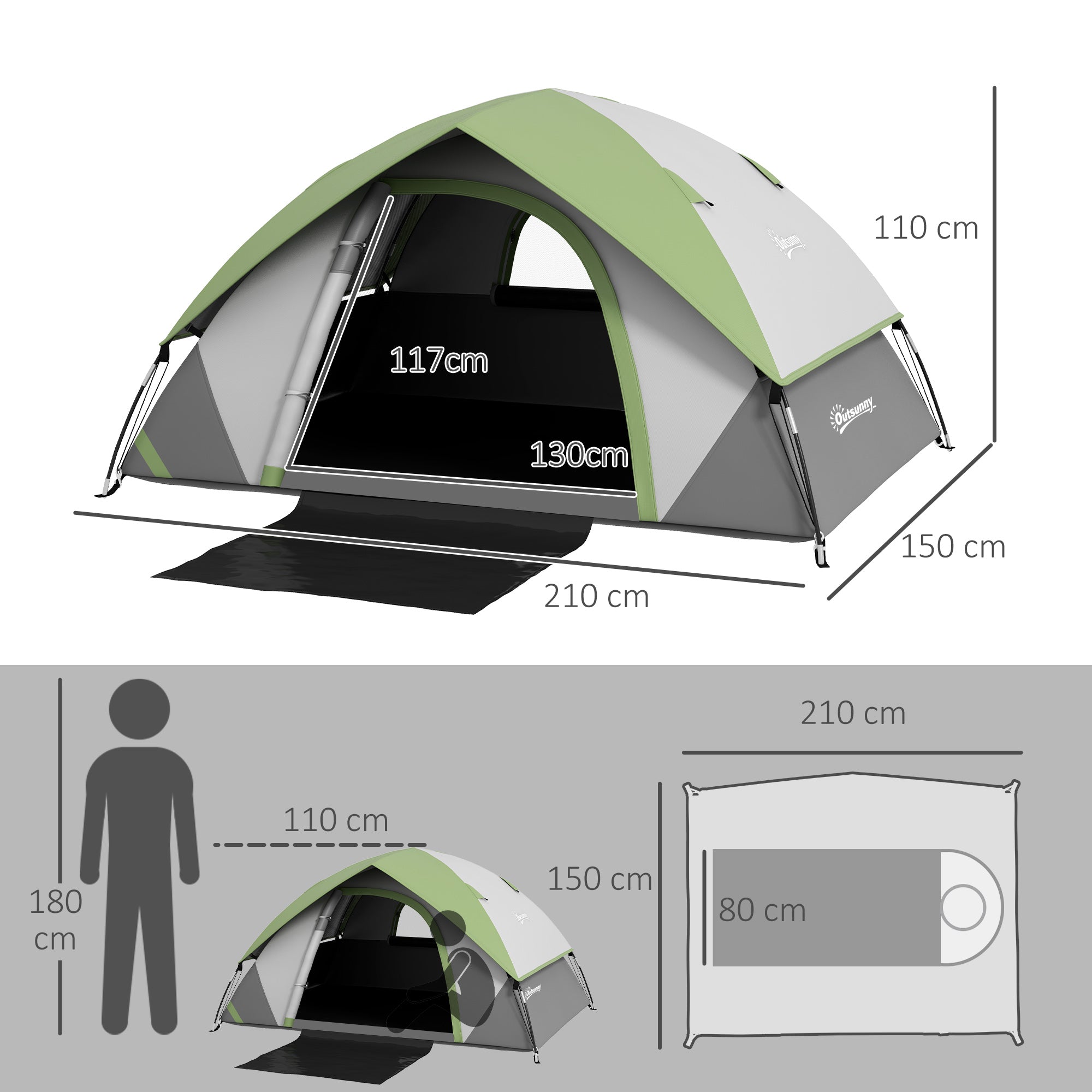 Outsunny Two Man Single Room Dome Tent, with Accessories - Green/Grey