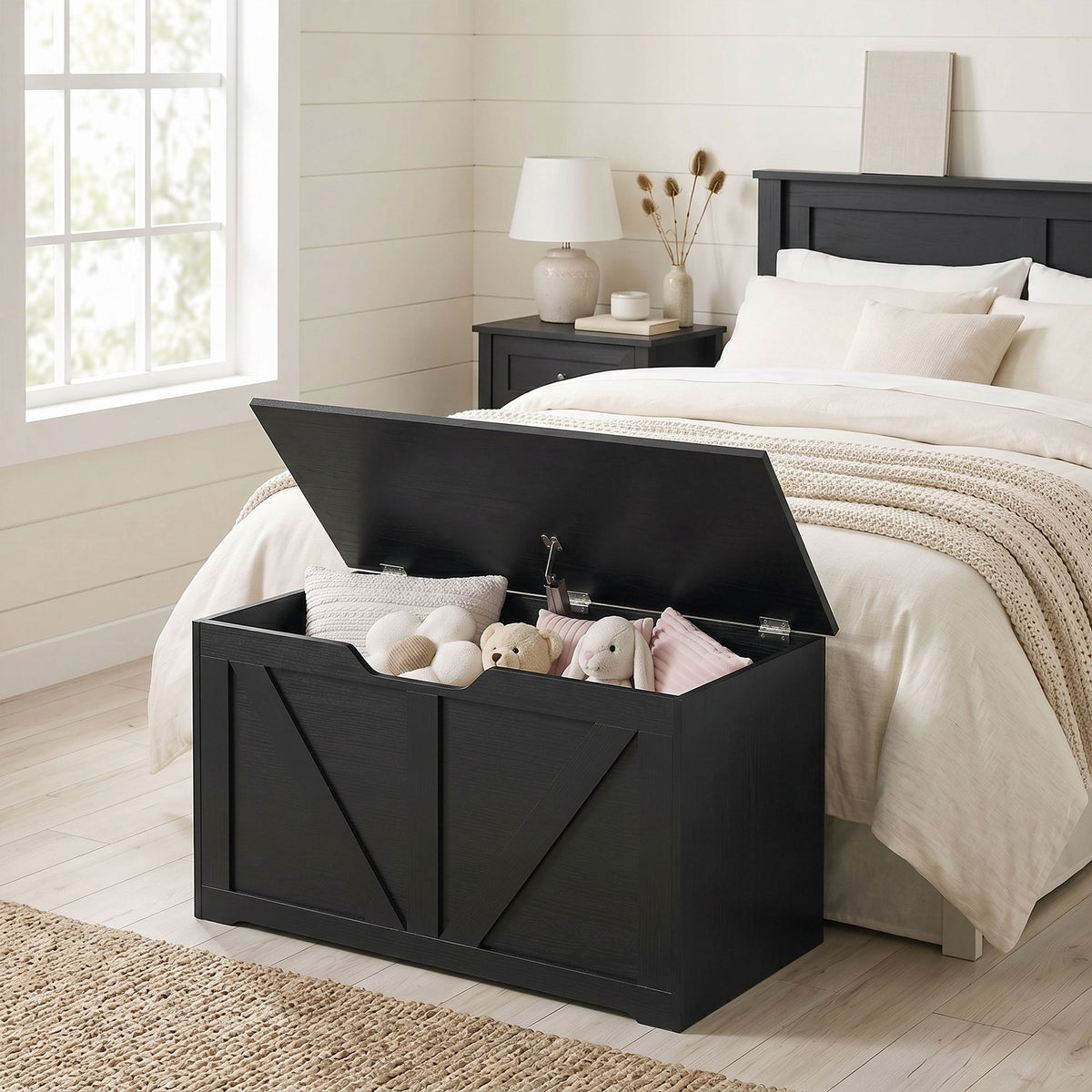 HOMCOM 100L Home Storage Box, with Safety Hinge - Black Wood-Effect