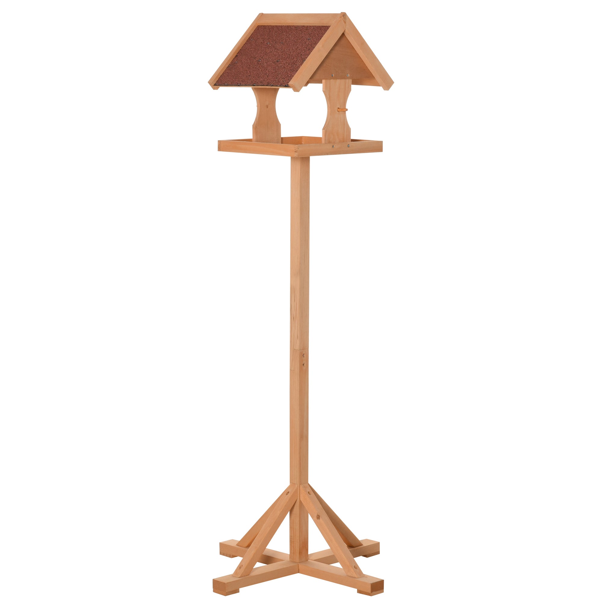 PawHut Bird Feeder Table, Wooden Freestanding Outdoor Feeding Station with Weatherproof Roof, Cross-shaped Base, Natural, 55 x 55 x 144cm