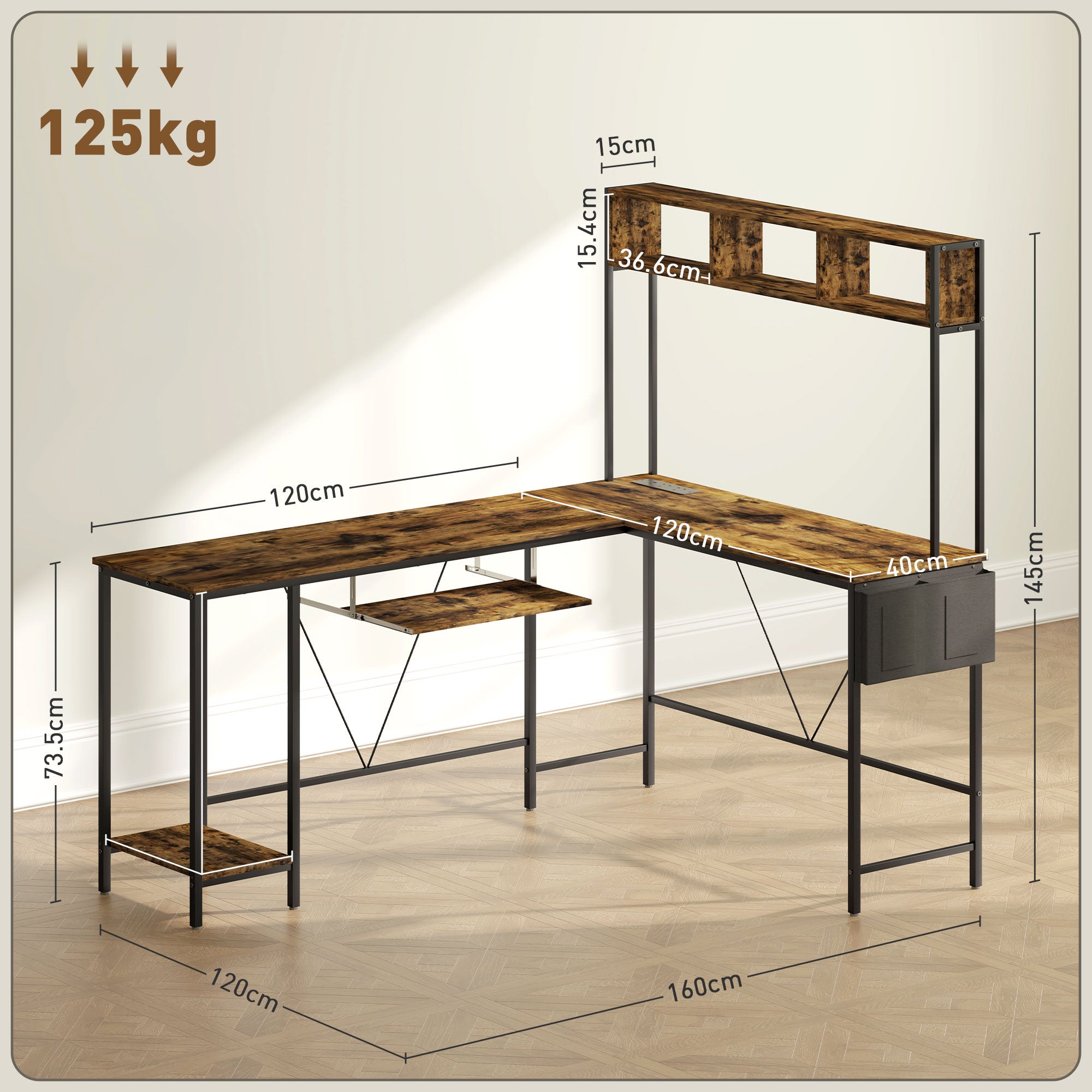 HOMCOM 160cm Reversible L Shaped Desk with Power Outlet, Industrial Corner Desk with Storage Shelves and Keyboard Tray, 240cm Long Computer Desk for 2 Person, Rustic Brown - North Peak Garden Furniture
