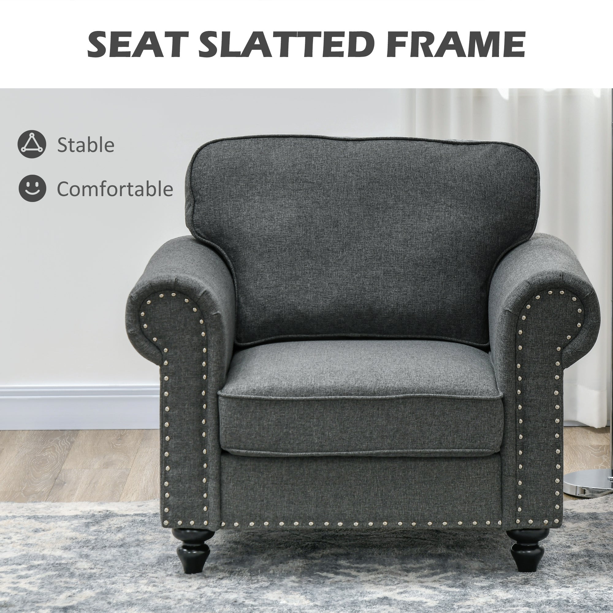 HOMCOM Mid-Century Armchair, with Pocket Springs - Charcoal Grey - North Peak Garden Furniture