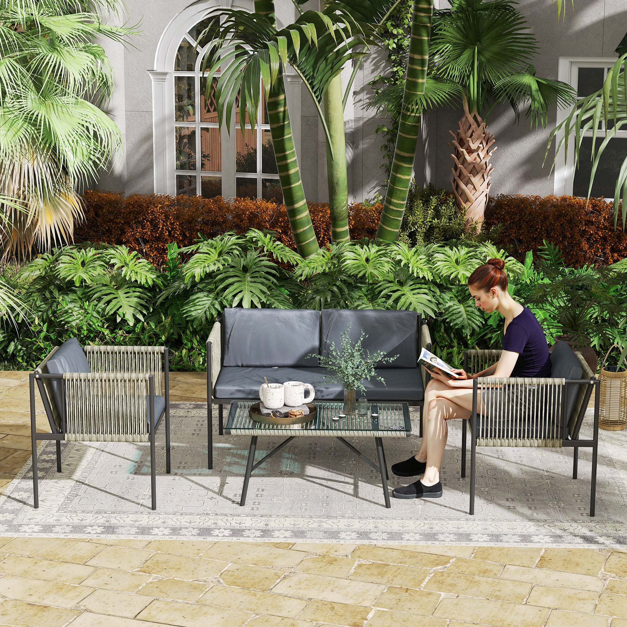 Outsunny 4 Piece Rattan Garden Furniture Set, 4 Seater Wicker Outdoor Furniture Set with 2 Armchairs, Loveseat, Glass Top Coffee Table and Cushions for Balcony, Porch, Grey - North Peak Garden Furniture