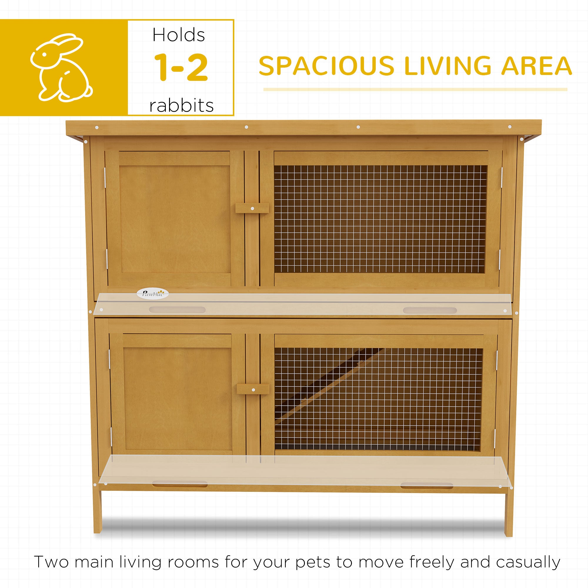 PawHut Double Decker Rabbit Hutch 2 Tier Guinea Pig House Pet Cage Outdoor with Sliding-out Tray, 100 x 47 x 91cm, Yellow - North Peak Garden Furniture