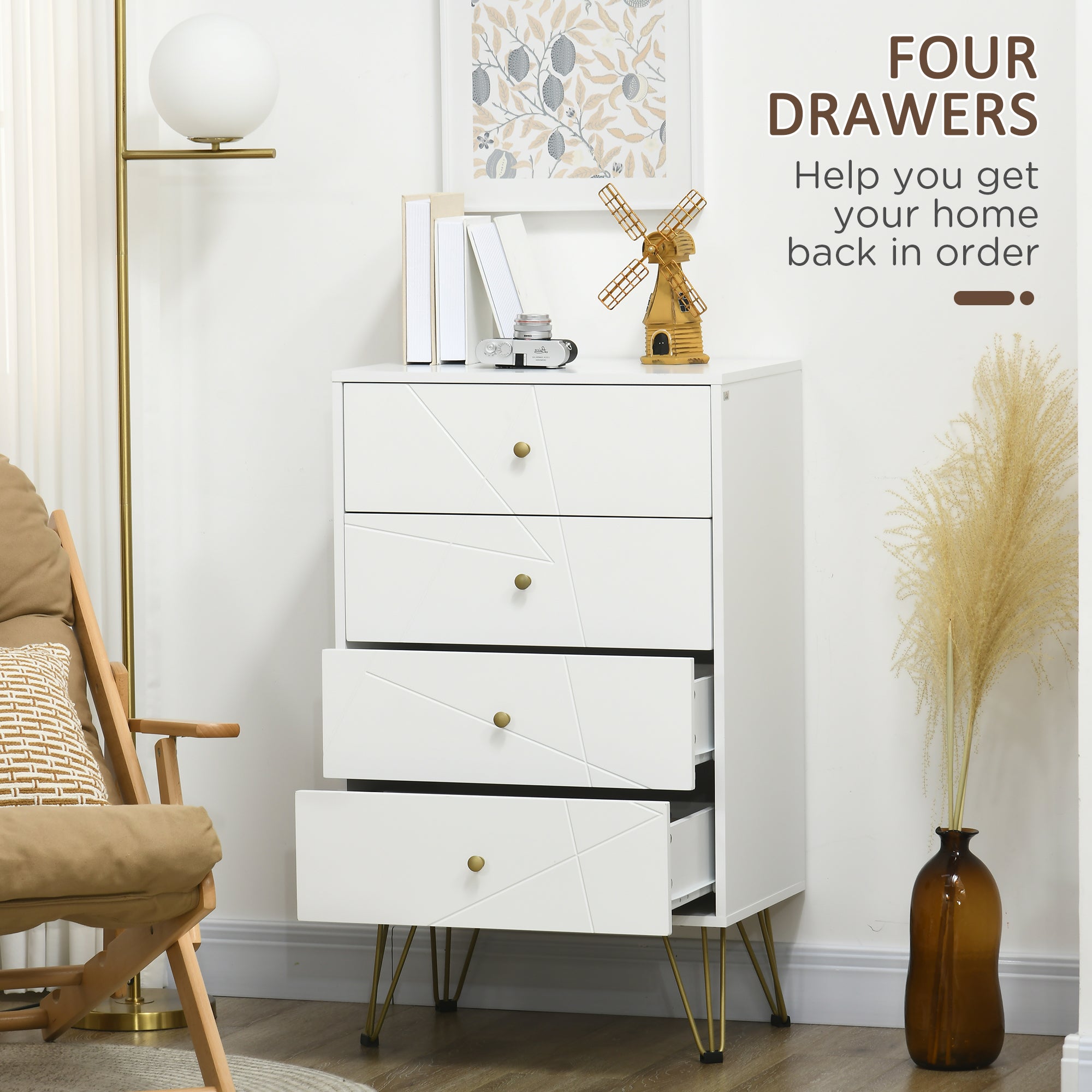HOMCOM Tall Chest of Drawers, 4-Drawer Dresser for Bedroom, Modern Storage Cabinets with Hairpin Legs, White - North Peak Garden Furniture