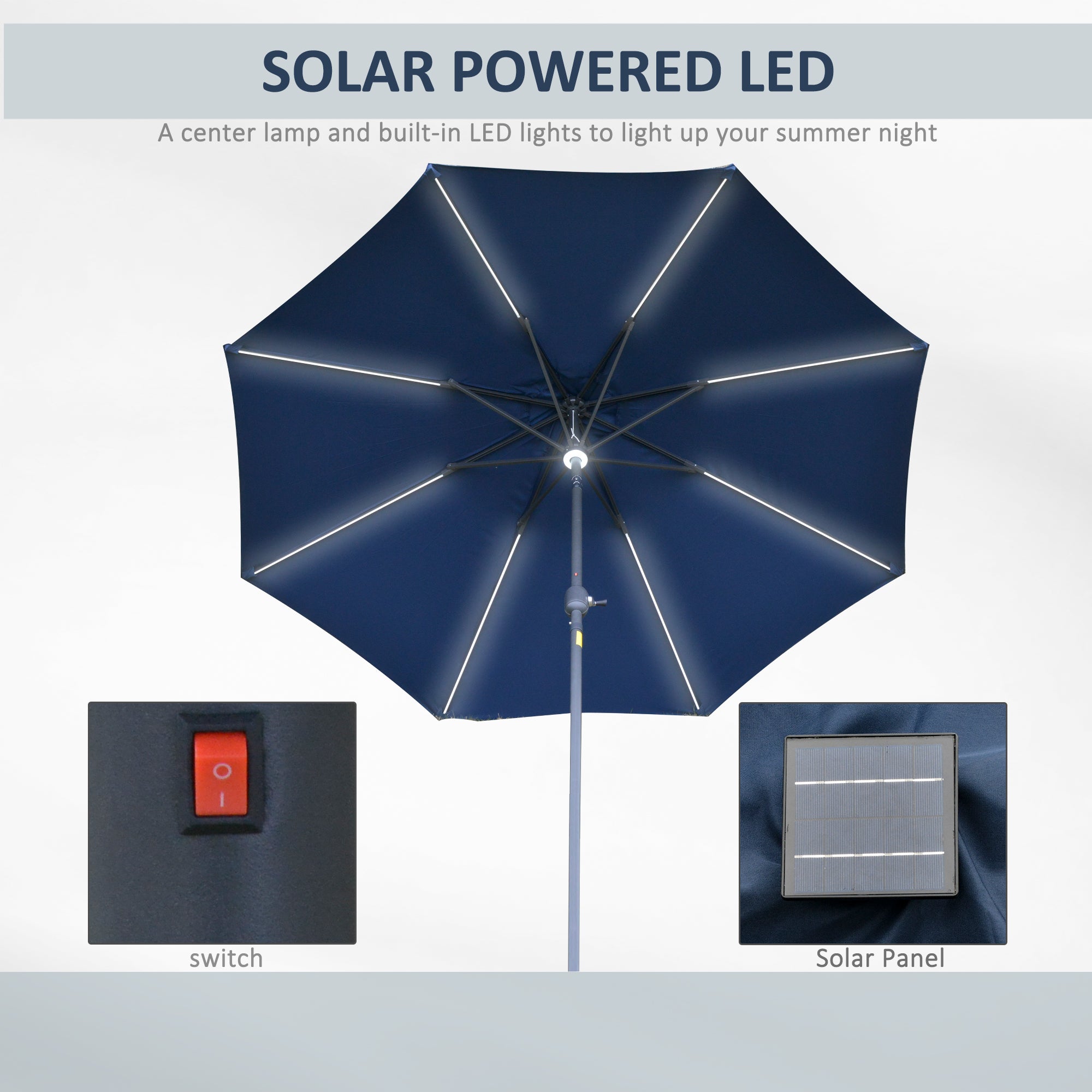 Outsunny 2.7m Garden Parasol Sun Umbrella w/ LED Solar Light Angled Canopy Blue - North Peak Garden Furniture