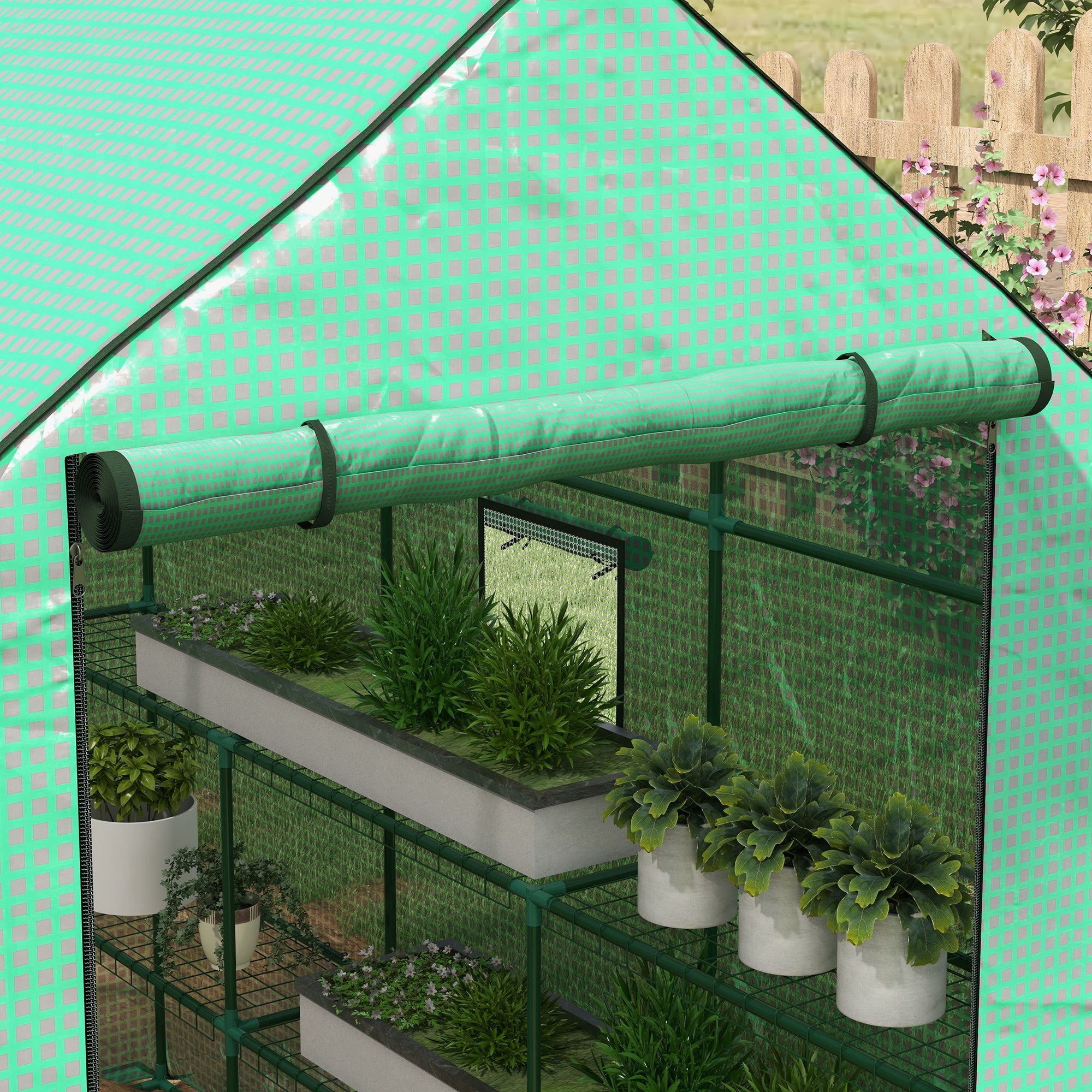 Outsunny Greenhouse Oasis: Walk-In PE Cover with 3 Tier Shelves, Roll-Up Door & Mesh Windows, 140x213x190cm, Verdant Green | Aosom UK