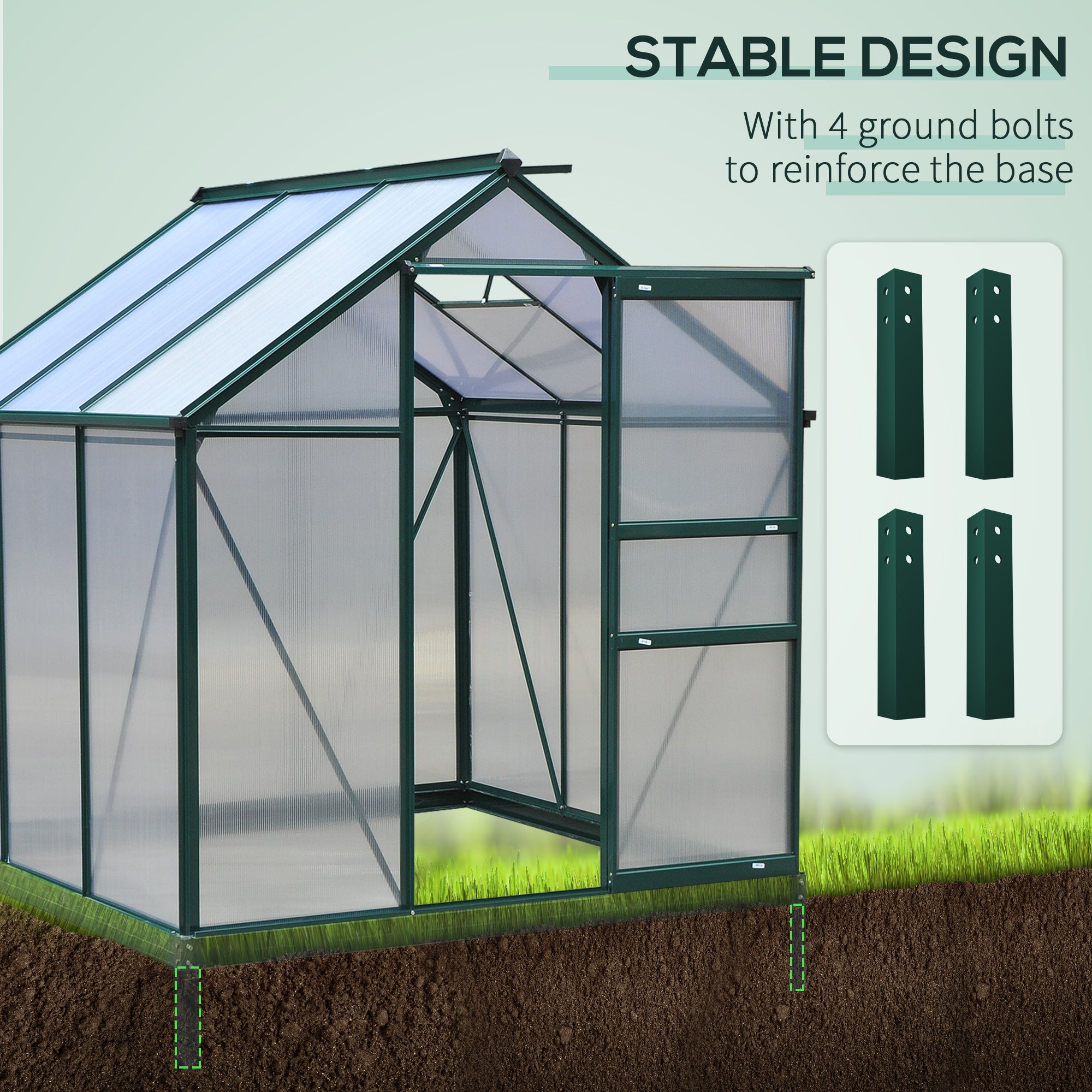 Outsunny 6 x 6ft Polycarbonate Greenhouse, Large Walk-In Green House with Slide Door and Window, Garden Plants Grow House with Aluminium Frame and Foundation, Dark Green - North Peak Garden Furniture