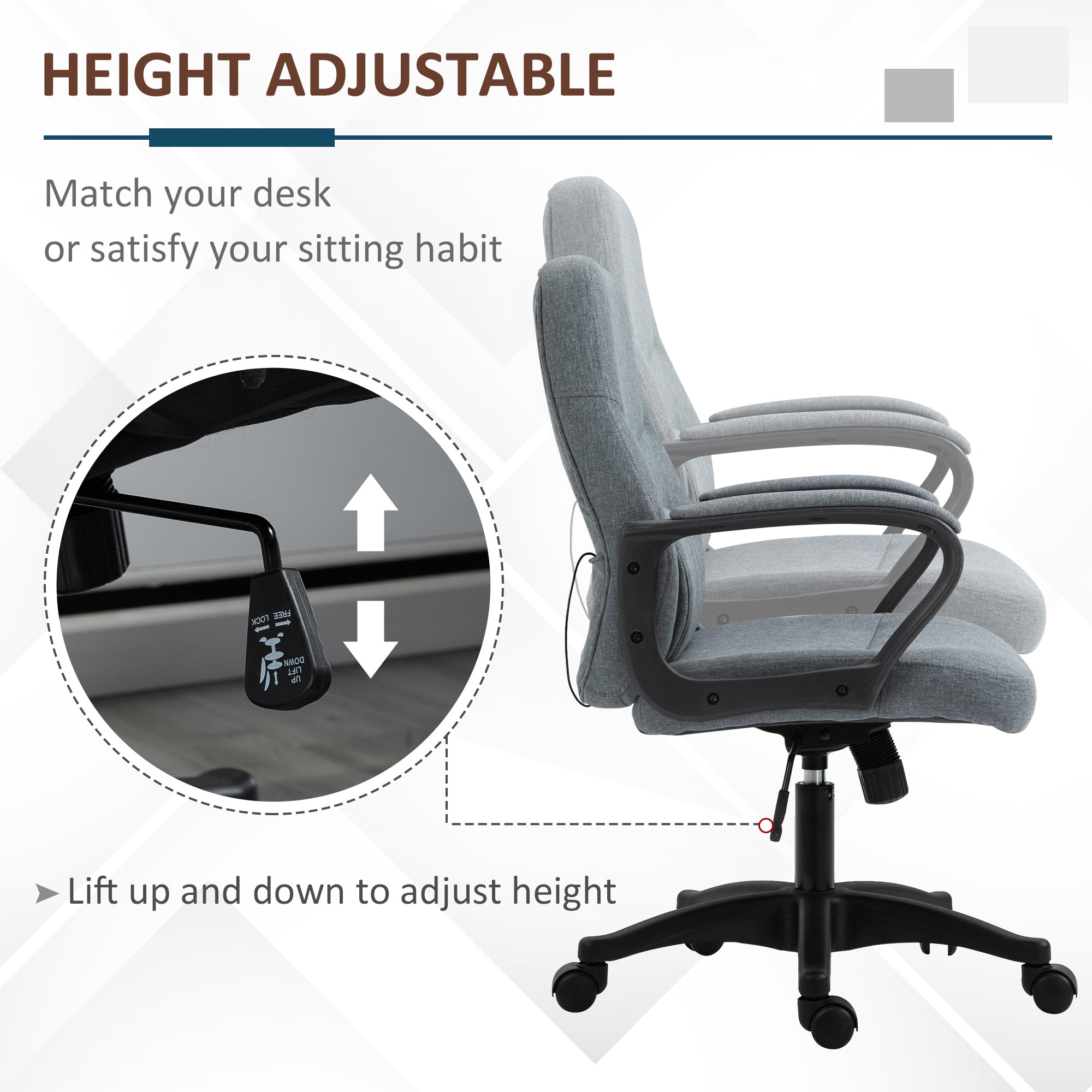 Vinsetto Office Chair, Fabric Desk Chair Mid Back Work Study Chair with Massage Lumbar Support, Adjustable Height and Swivel Wheels, Grey - North Peak Garden Furniture